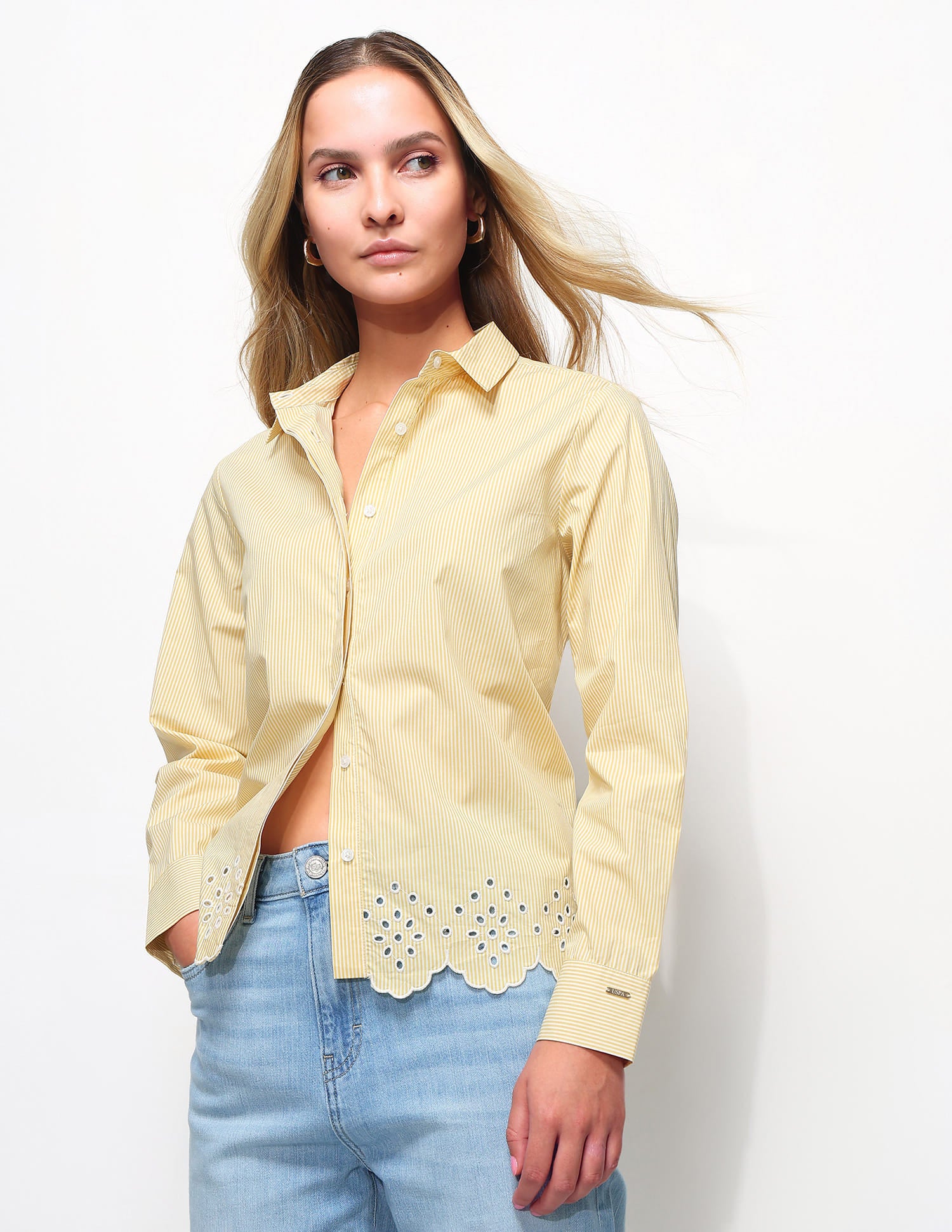 Striped Shirt With Schiffli Border Yellow - U.S. Polo Assn. India | Large