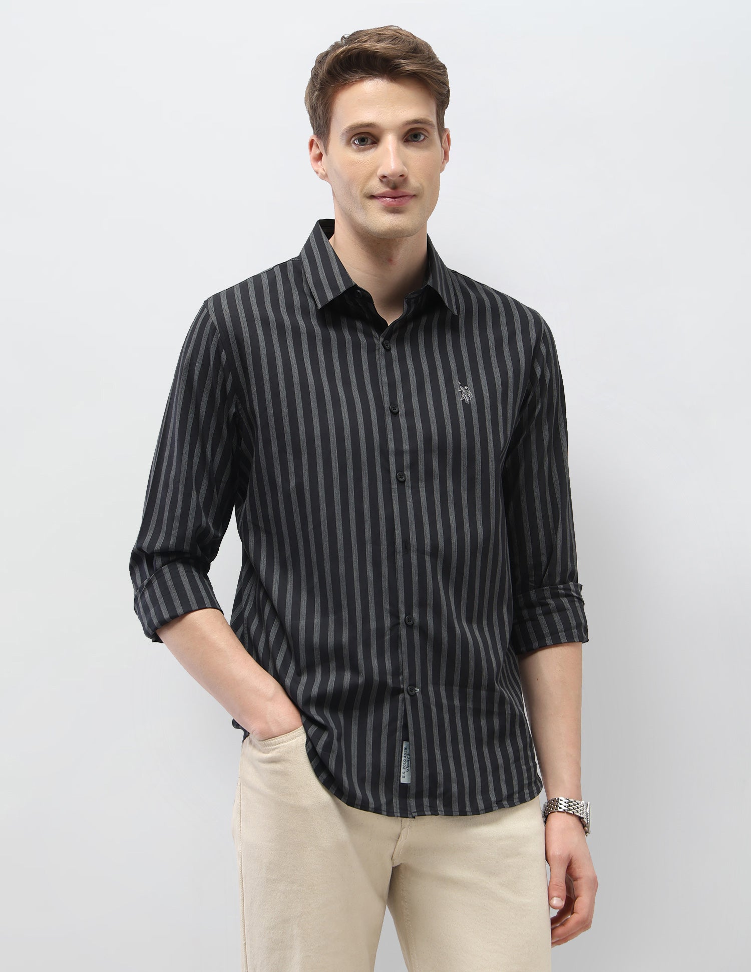 Regular Fit Vertical Striped Black & Gold Shirt