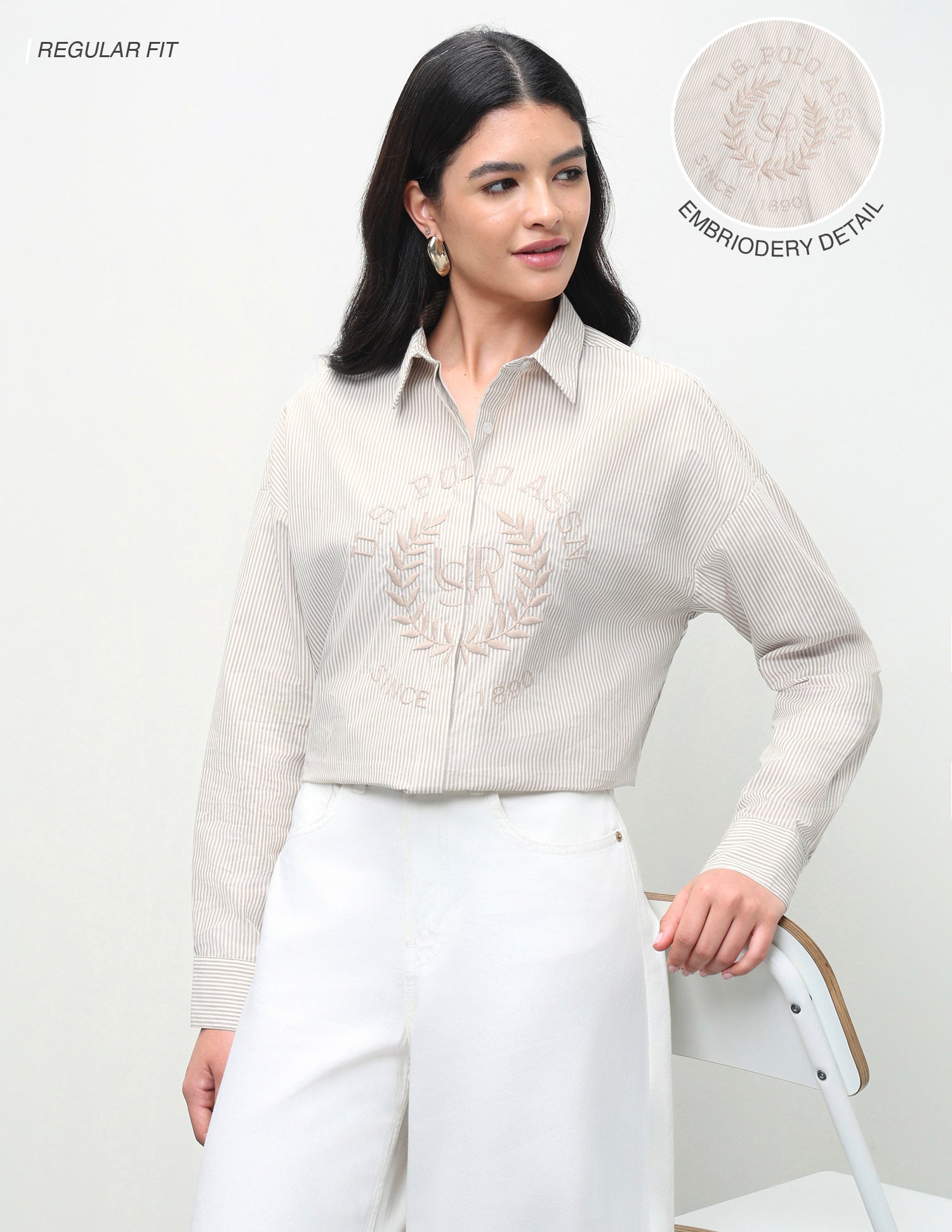 Vertical Striped Embroidered Oversized Fit Shirt Beige - U.S. Polo Assn. India | Large