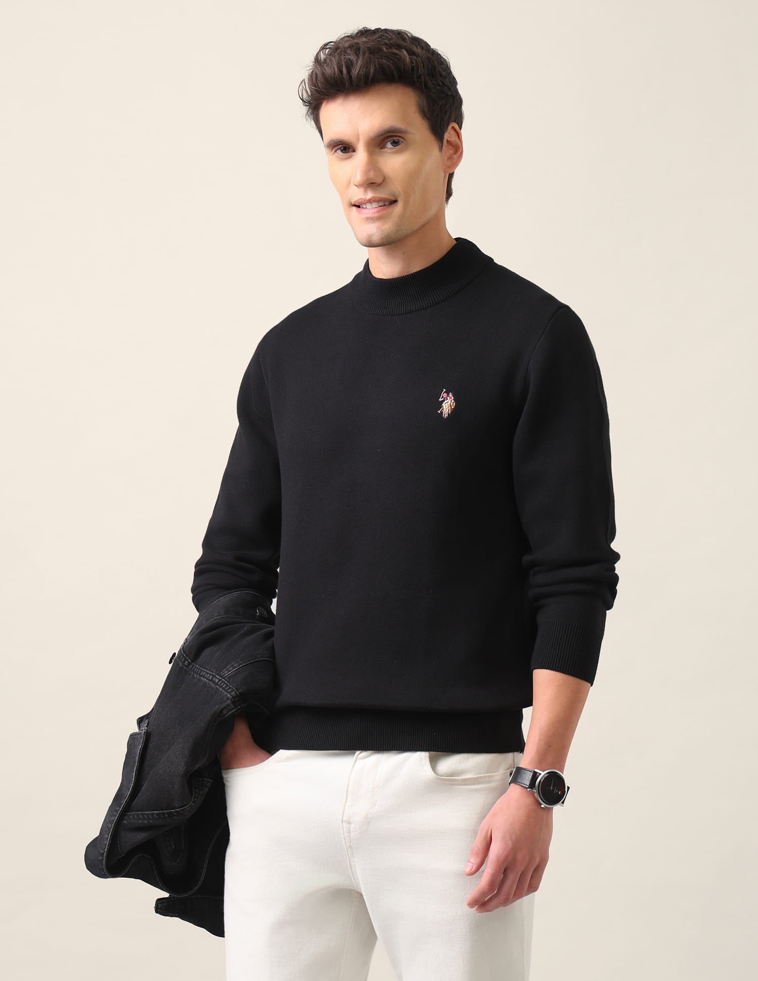 Regular Fit Solid Sweater Black - U.S. Polo Assn. India | Large