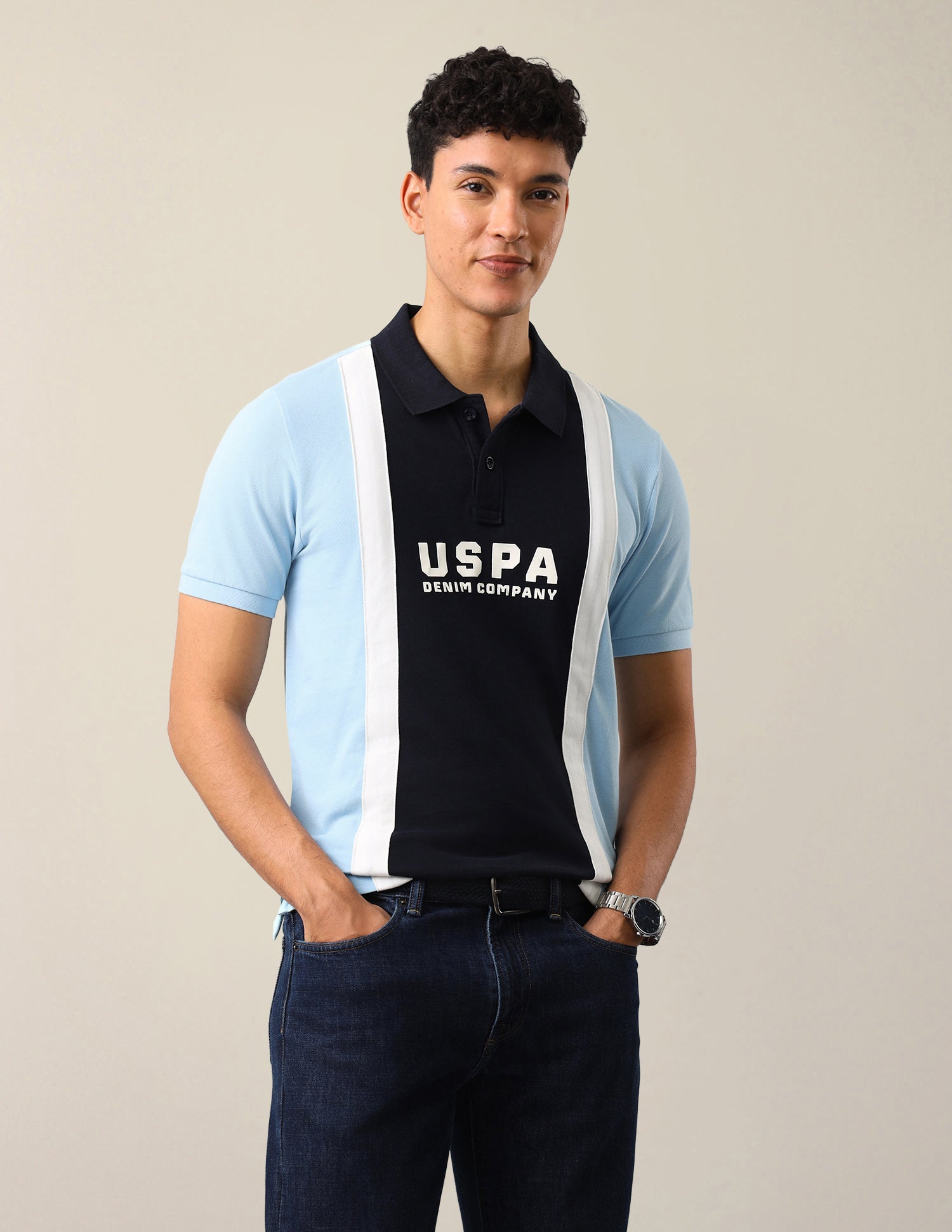 Colourblocked Slim Fit Polo Shirt Light Blue - U.S. Polo Assn. India | Large