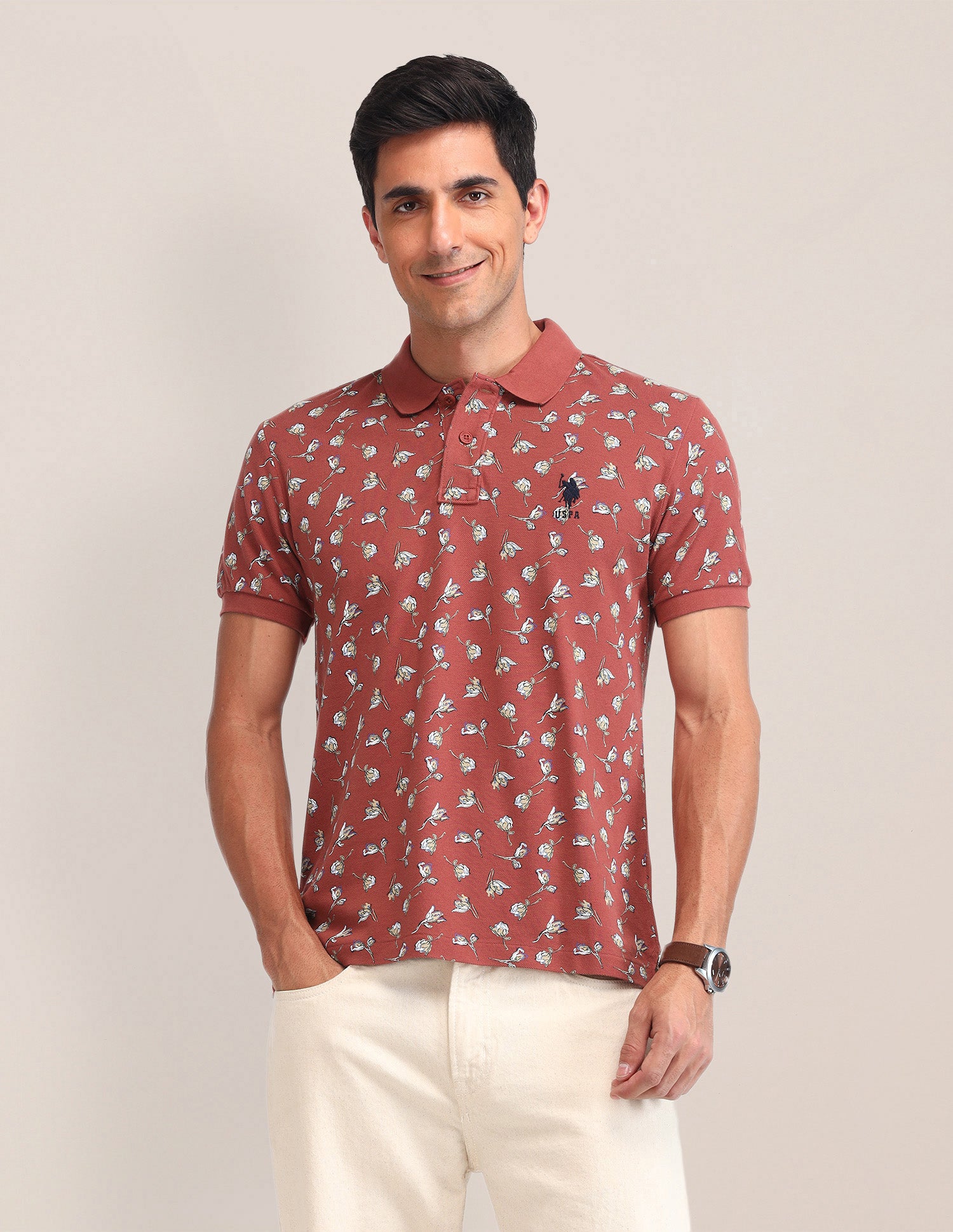 Floral Pattern Slim Fit Polo Shirt Maroon - U.S. Polo Assn. India | Large