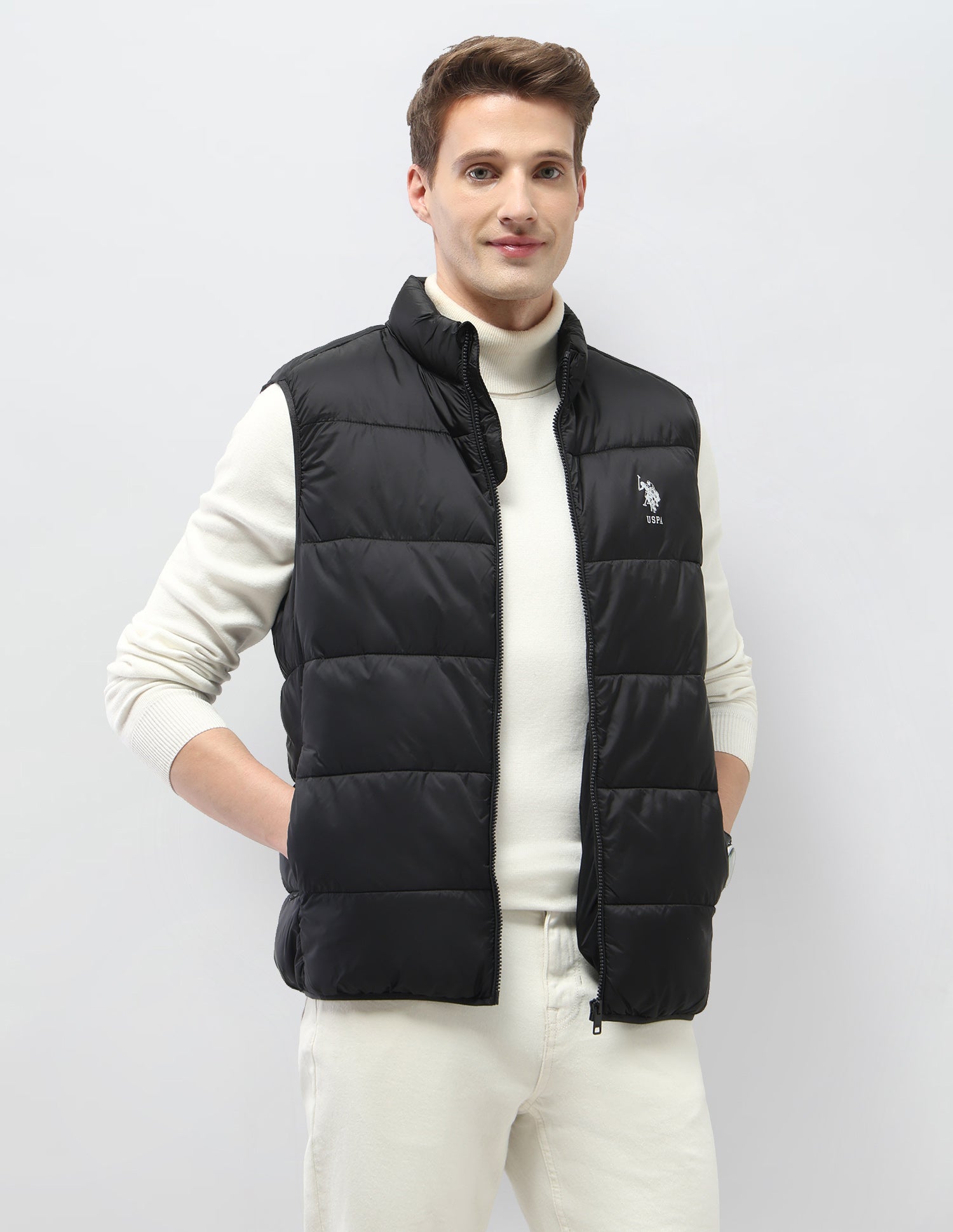 Solid Regular Fit Puffer Sleeveless Jacket Black - U.S. Polo Assn. India | Large