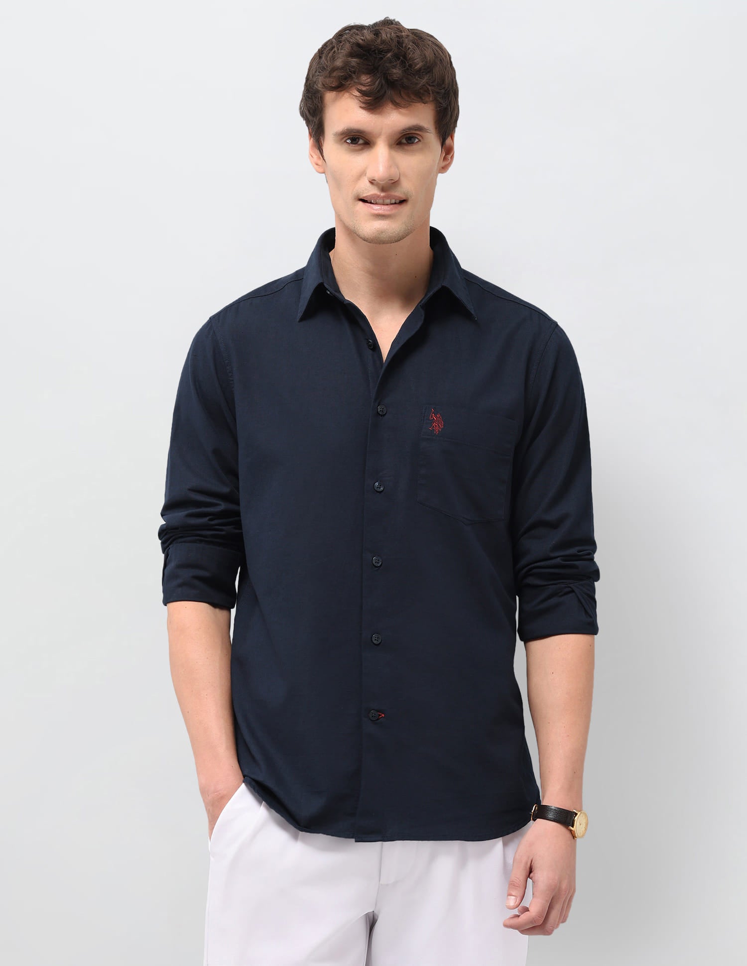 Solid Linen Tailored Fit Shirt Blue - U.S. Polo Assn. India | Large