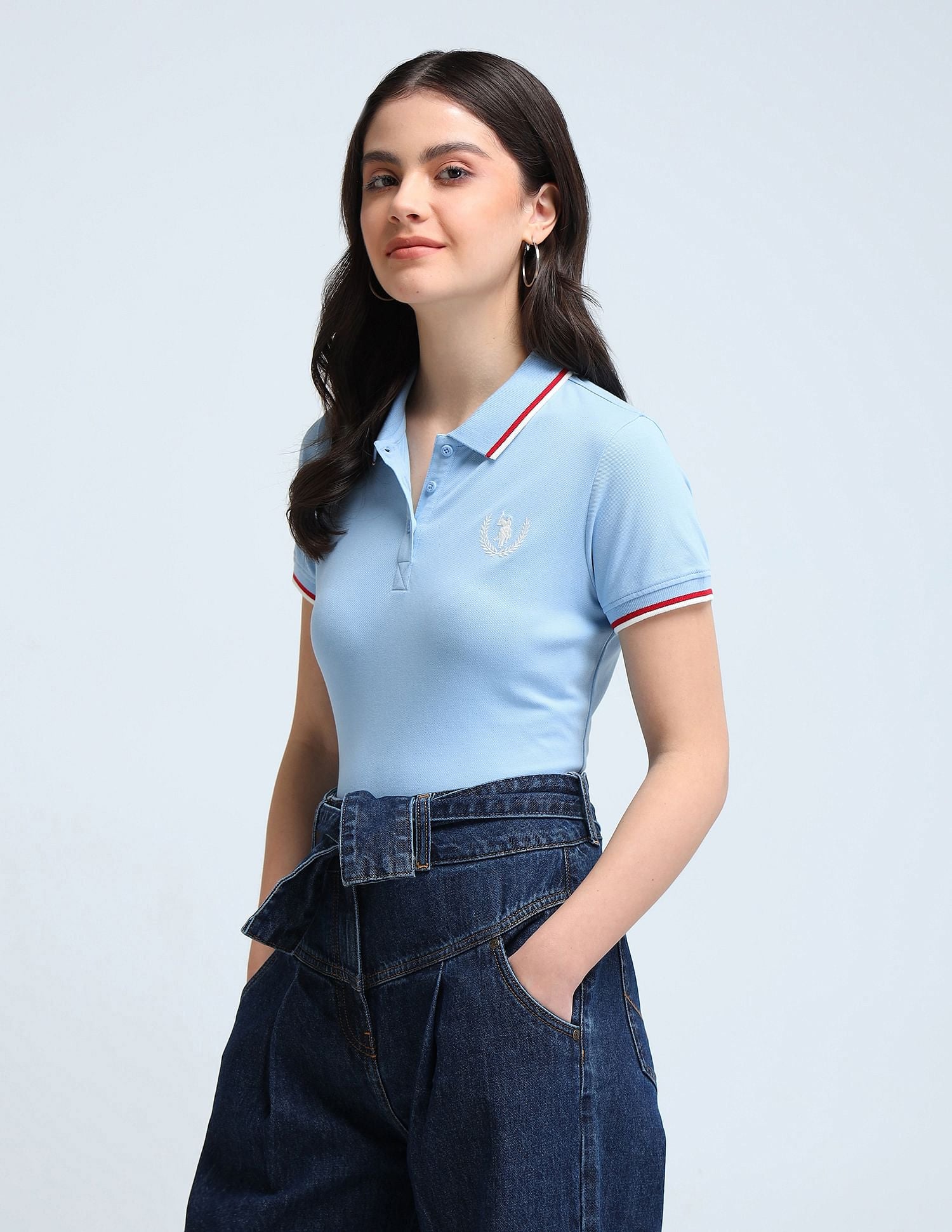 Tipped Collar Crest Logo Polo Shirt Light Blue - U.S. Polo Assn. India | Large