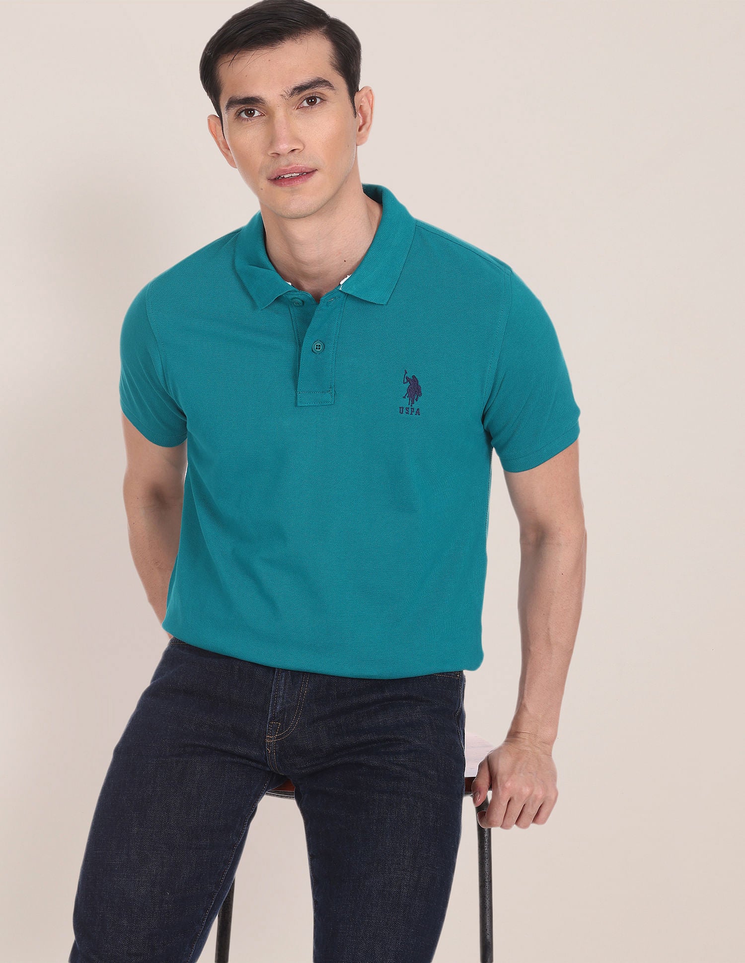 Ribbed Collar Solid Polo Shirt Teal - U.S. POLO ASSN. | Large