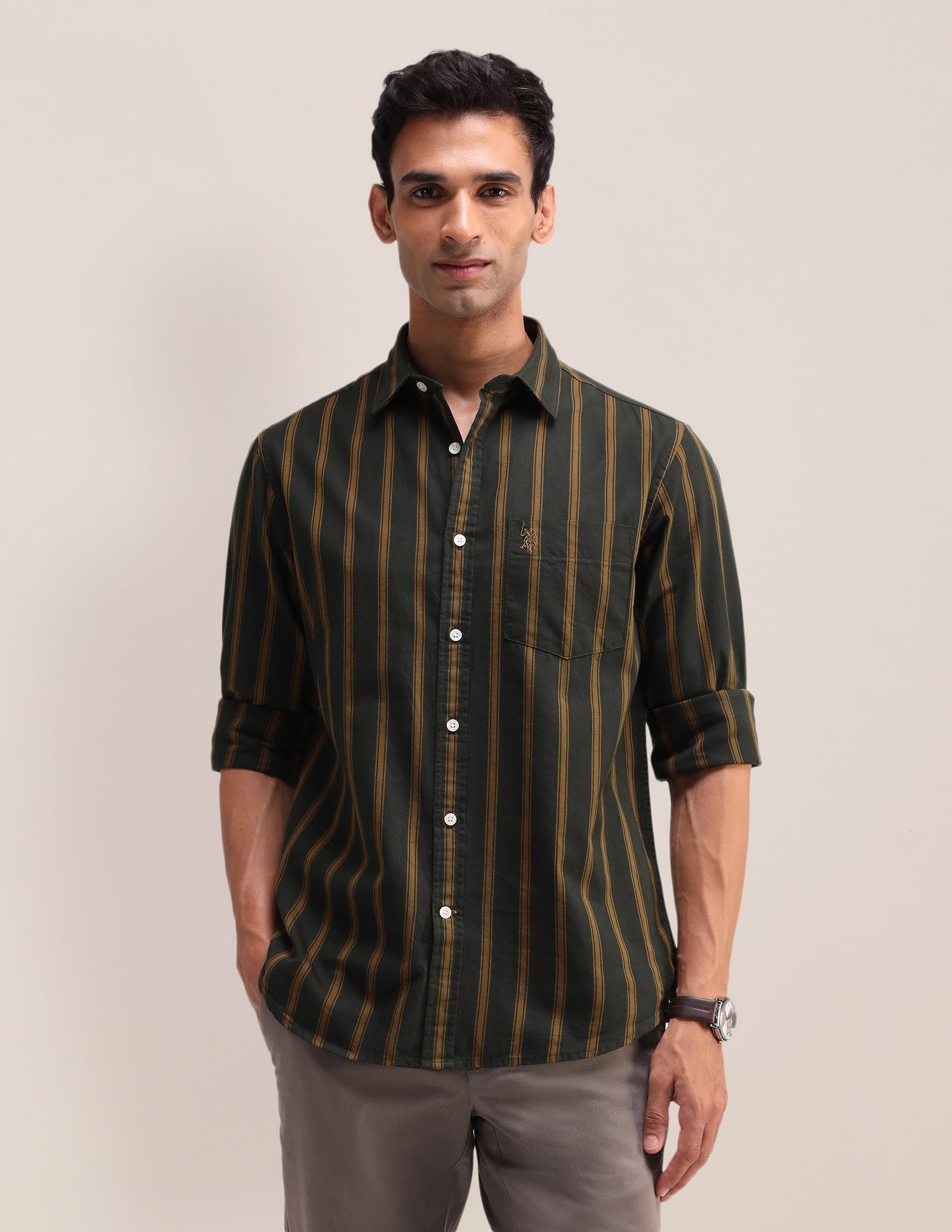 Vertical Striped Twill Shirt Ochre - U.S. Polo Assn. India | Large