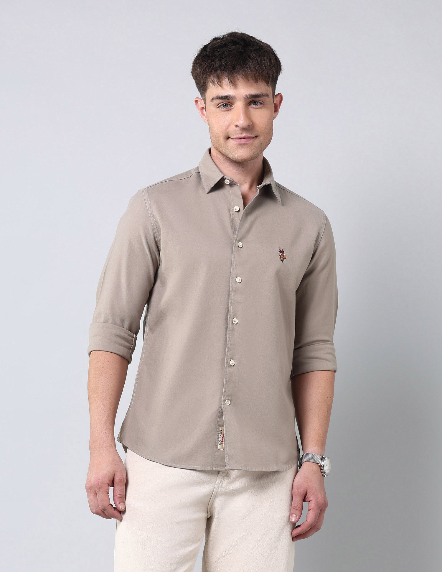 Solid Pure Cotton Twill Shirt Khaki - U.S. Polo Assn. India | Large