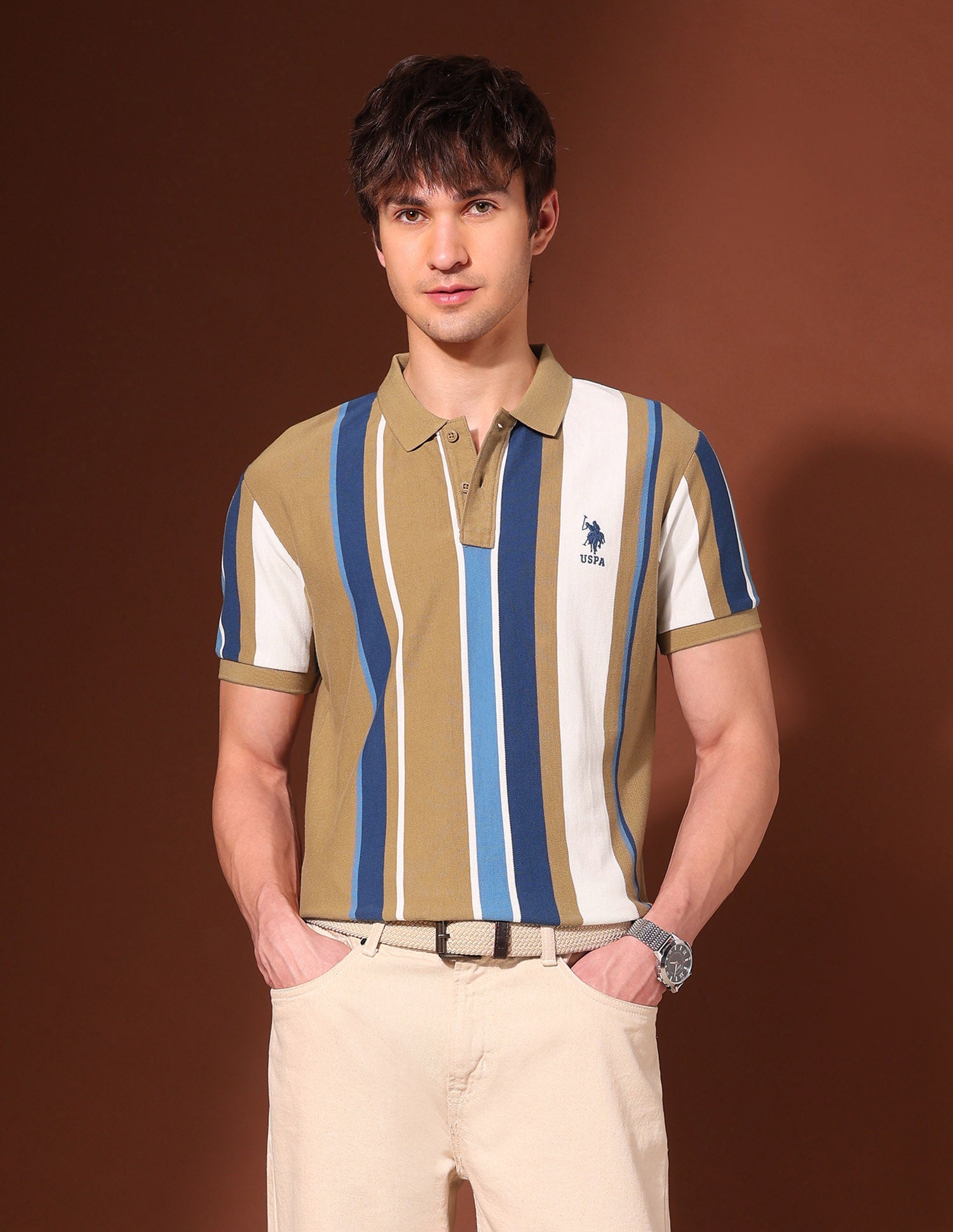 Vertical Striped Working Holiday Polo Shirt Brown - U.S. Polo Assn. India | Large