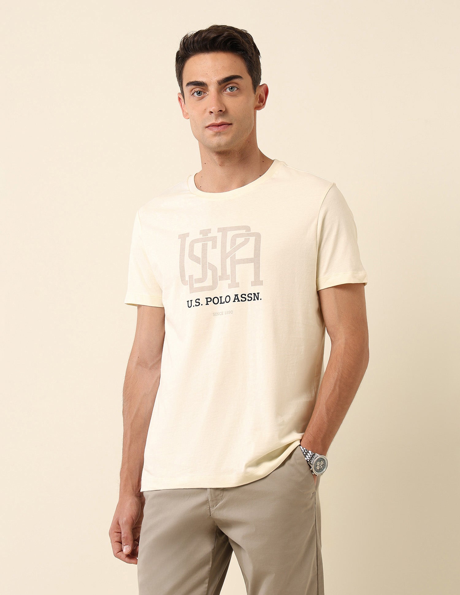 Pure Cotton Slim Fit T- Shirt Off-White - U.S. Polo Assn. India | Large