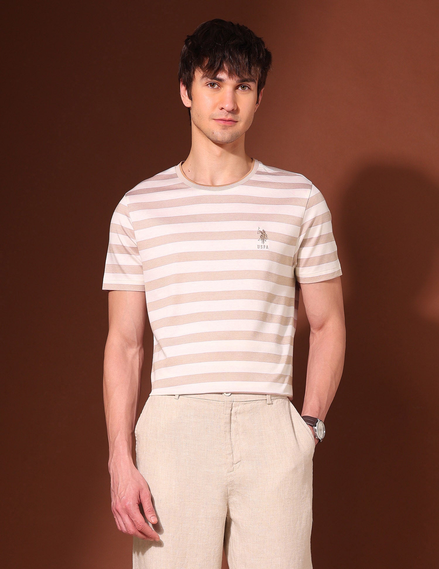 Horizontal Striped Working Holiday T-Shirt Beige - U.S. Polo Assn. India | Large