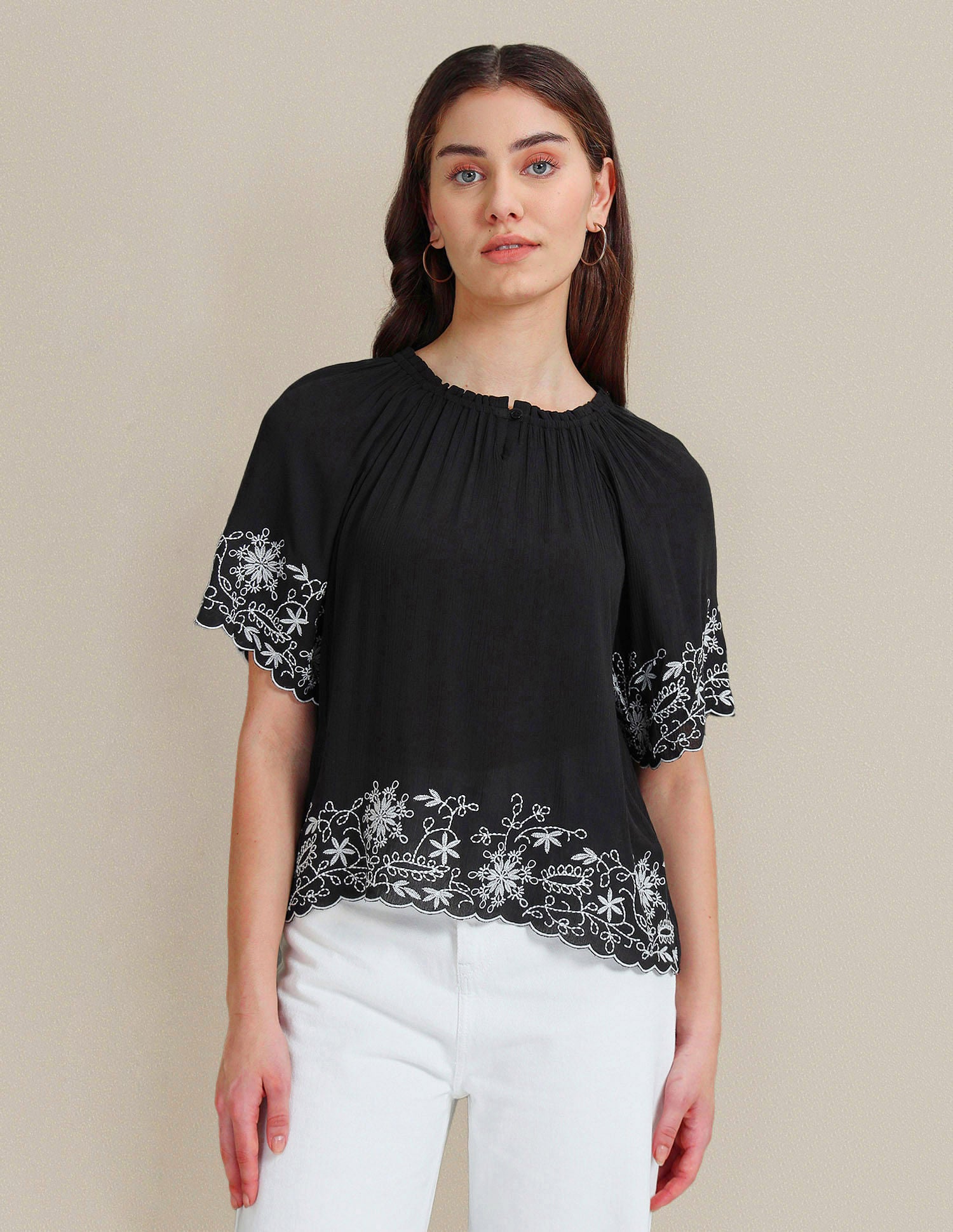 Crinkle Viscose Embroidered Top Black - U.S. Polo Assn. India | Large