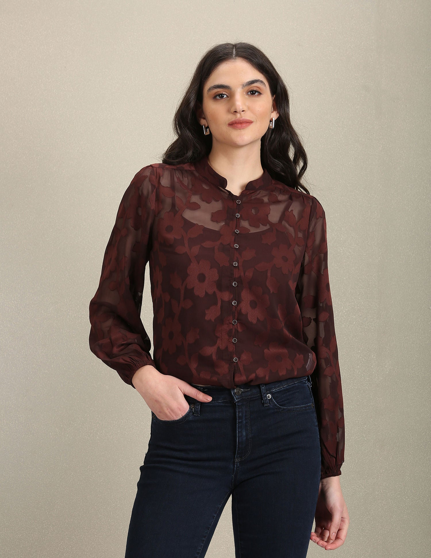 Mandarin Collar Lace Shirt Brown - U.S. Polo Assn. India | Large