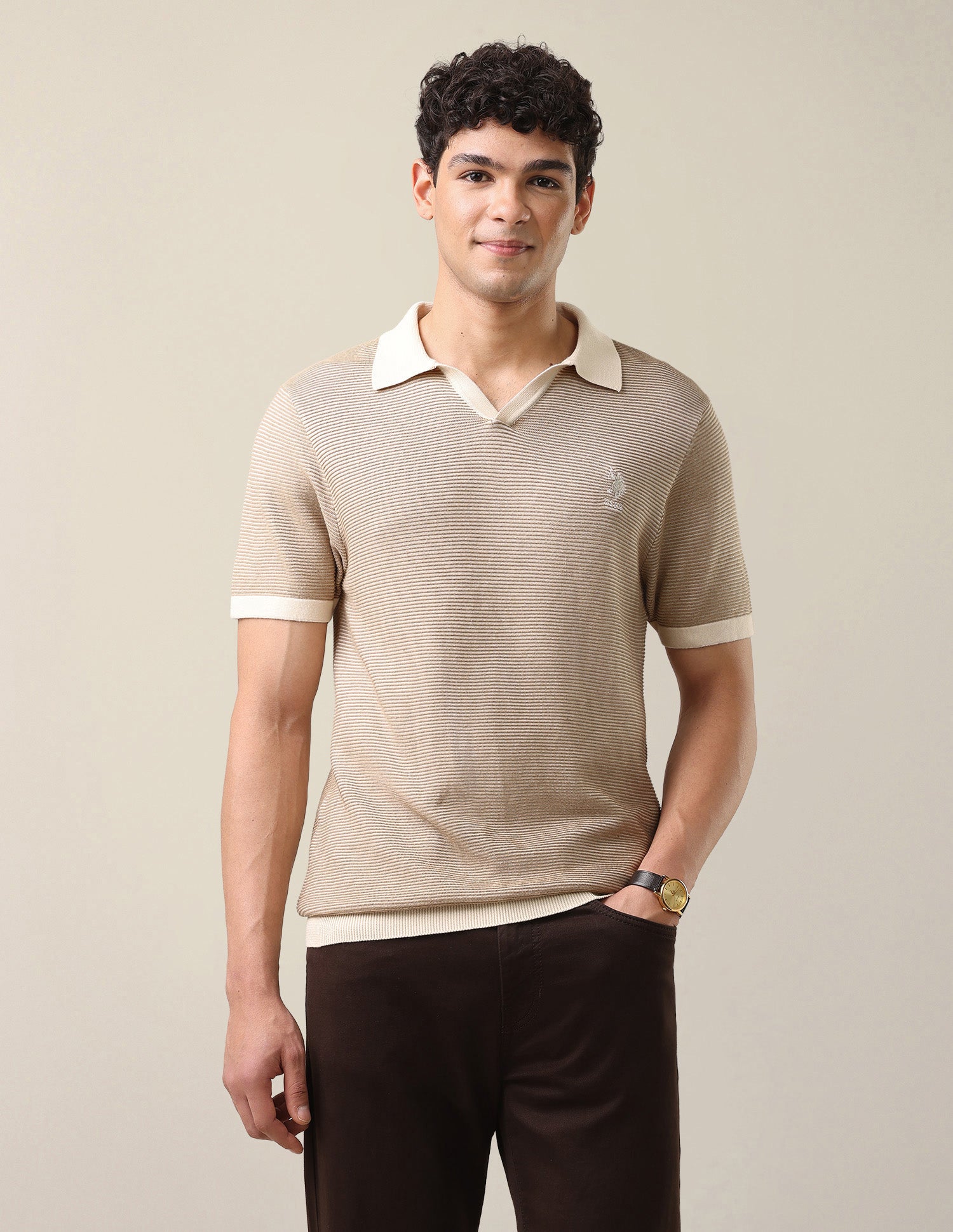 Horizontal Striped Patterned Slim Fit Polo Shirt Light Brown - U.S. Polo Assn. India | Large