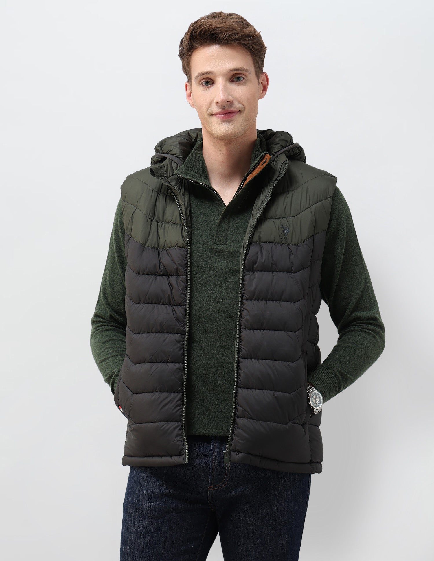 Colour Blocked Removable Hood Puffer Jacket