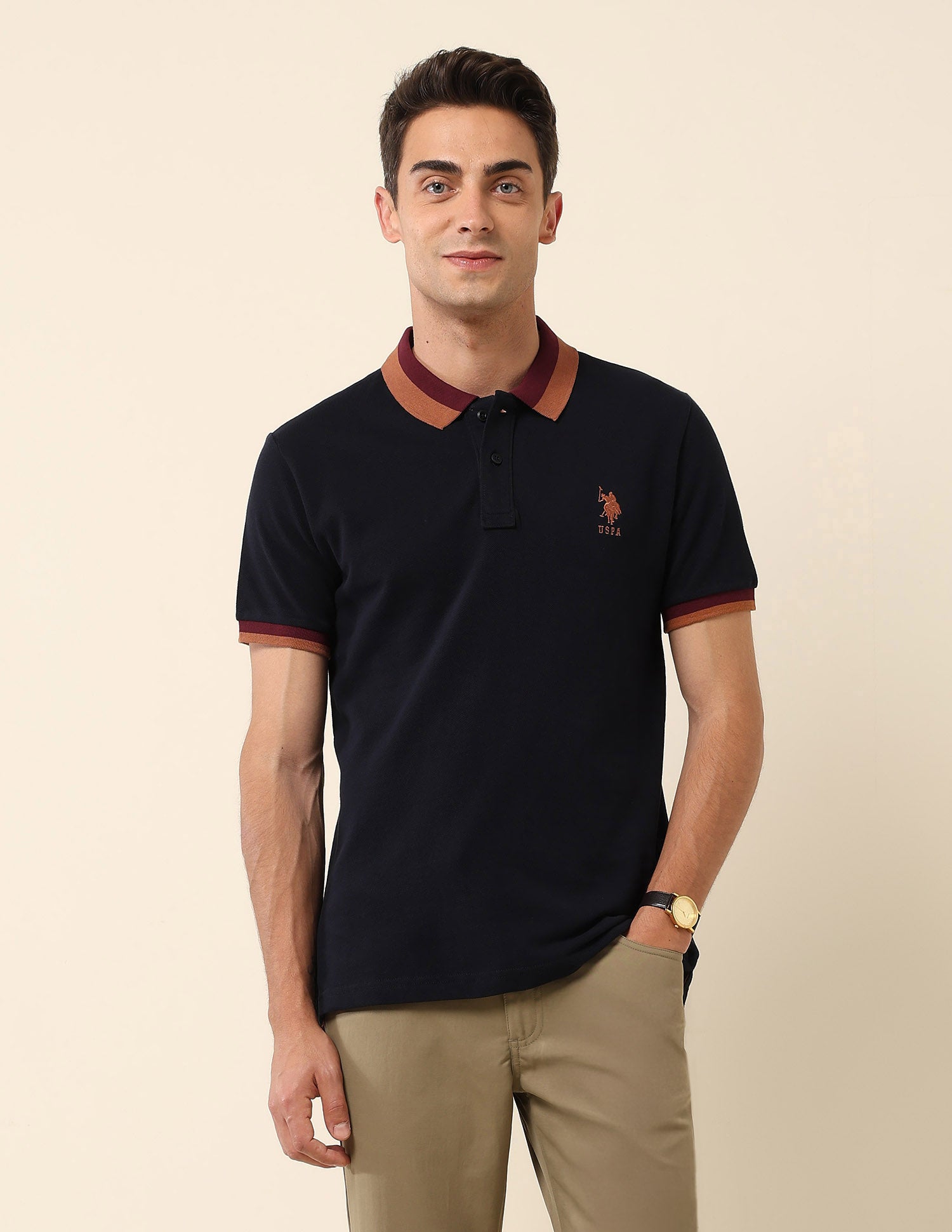 Slim Fit Solid Polo Shirt Navy - U.S. Polo Assn. India | Large