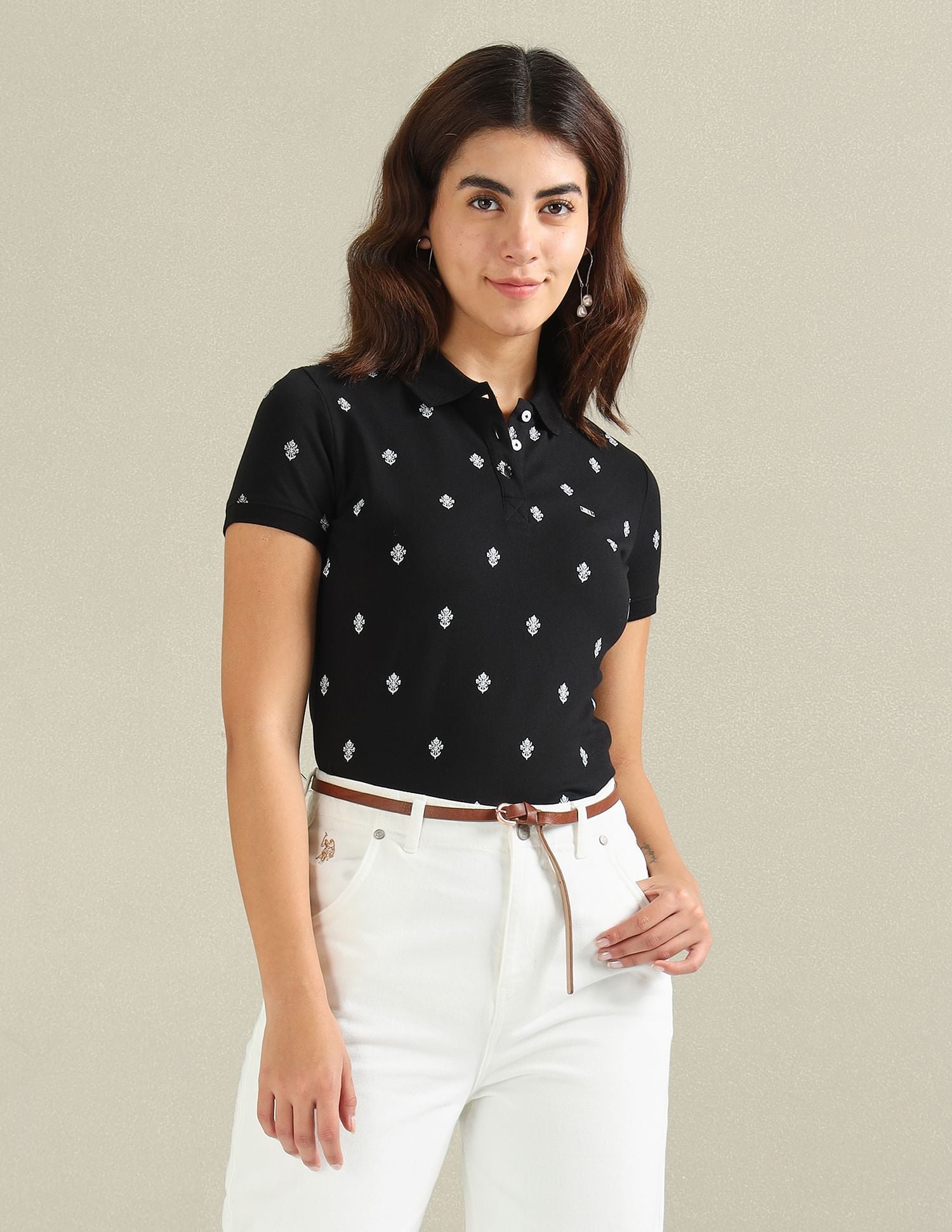 Motif Print Cotton Stretch Polo Shirt Black - U.S. Polo Assn. India | Large