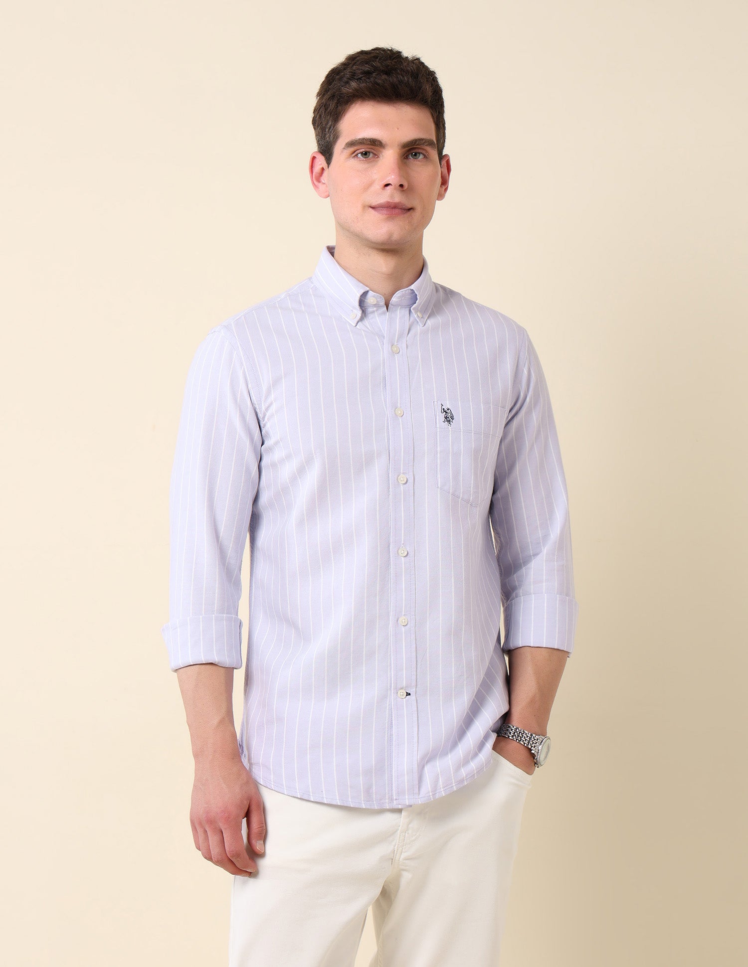 Vertical Striped Oxford Button-Down Shirt Light Lavender - U.S. Polo Assn. India | Large