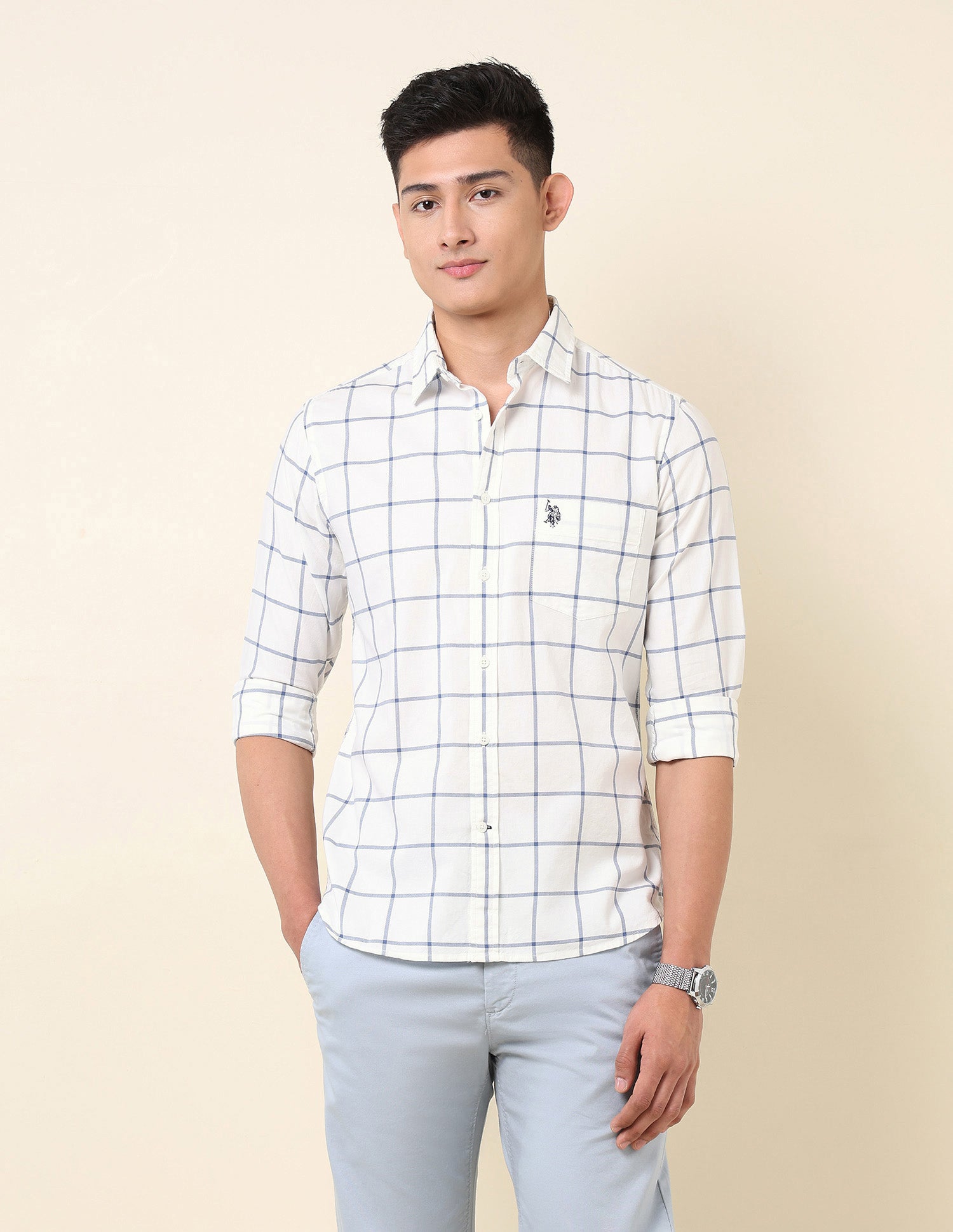 Pure Cotton Windowpane Checked Shirt Navy - U.S. Polo Assn. India | Large
