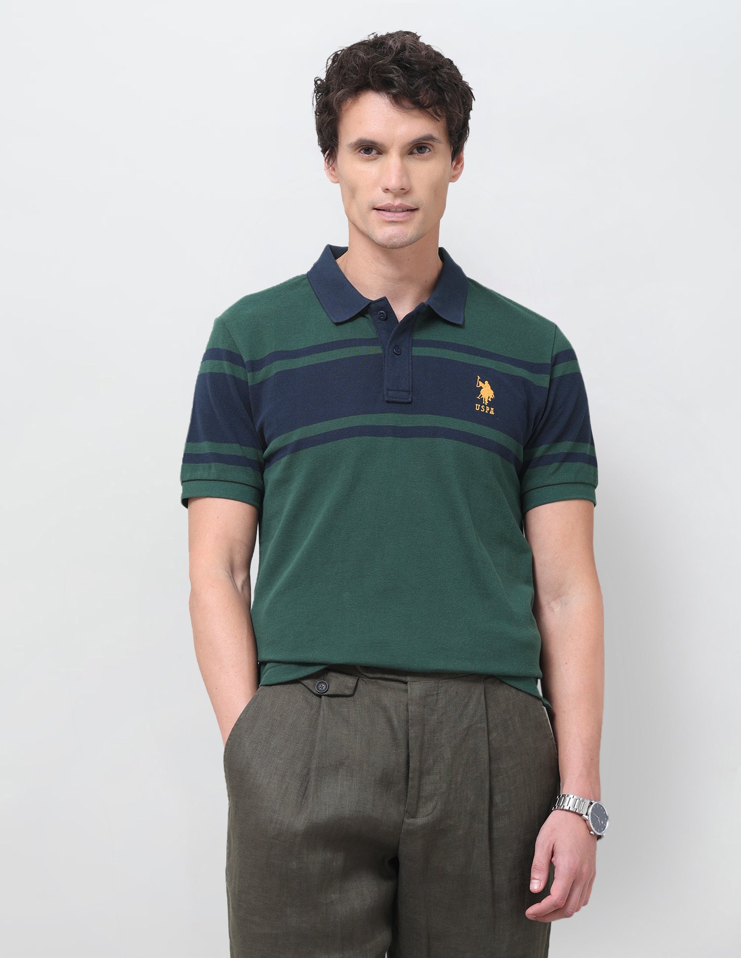 Horizontal Striped Regular Fit Polo Shirt Dark Green - U.S. Polo Assn. India | Large