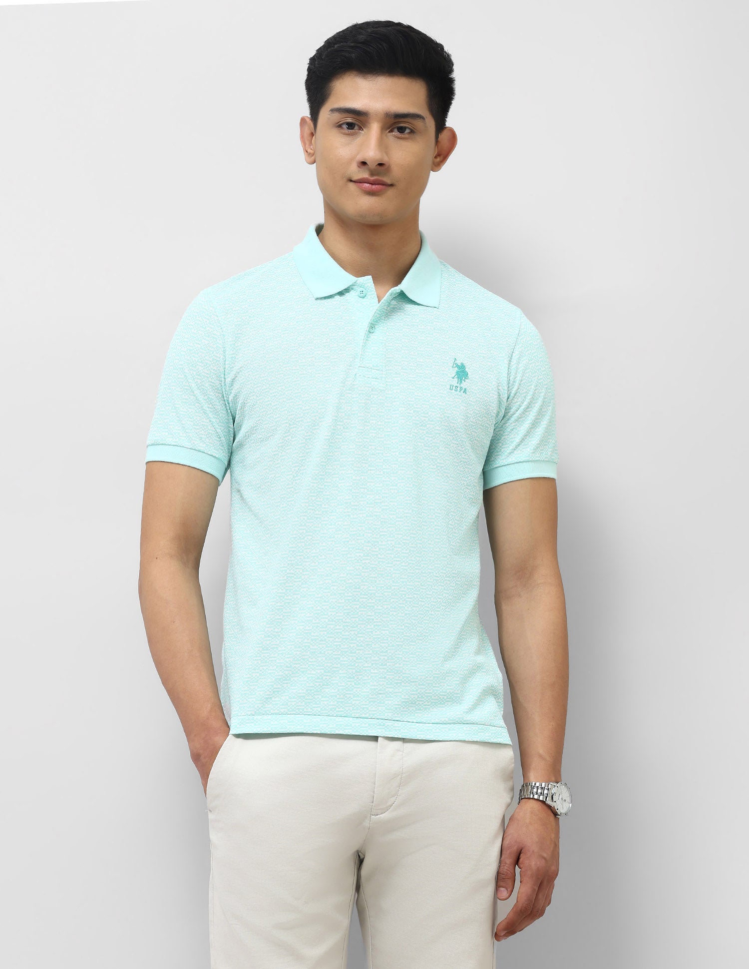 All Over Printed Slim Fit Polo Shirt Light Green - U.S. Polo Assn. India | Large