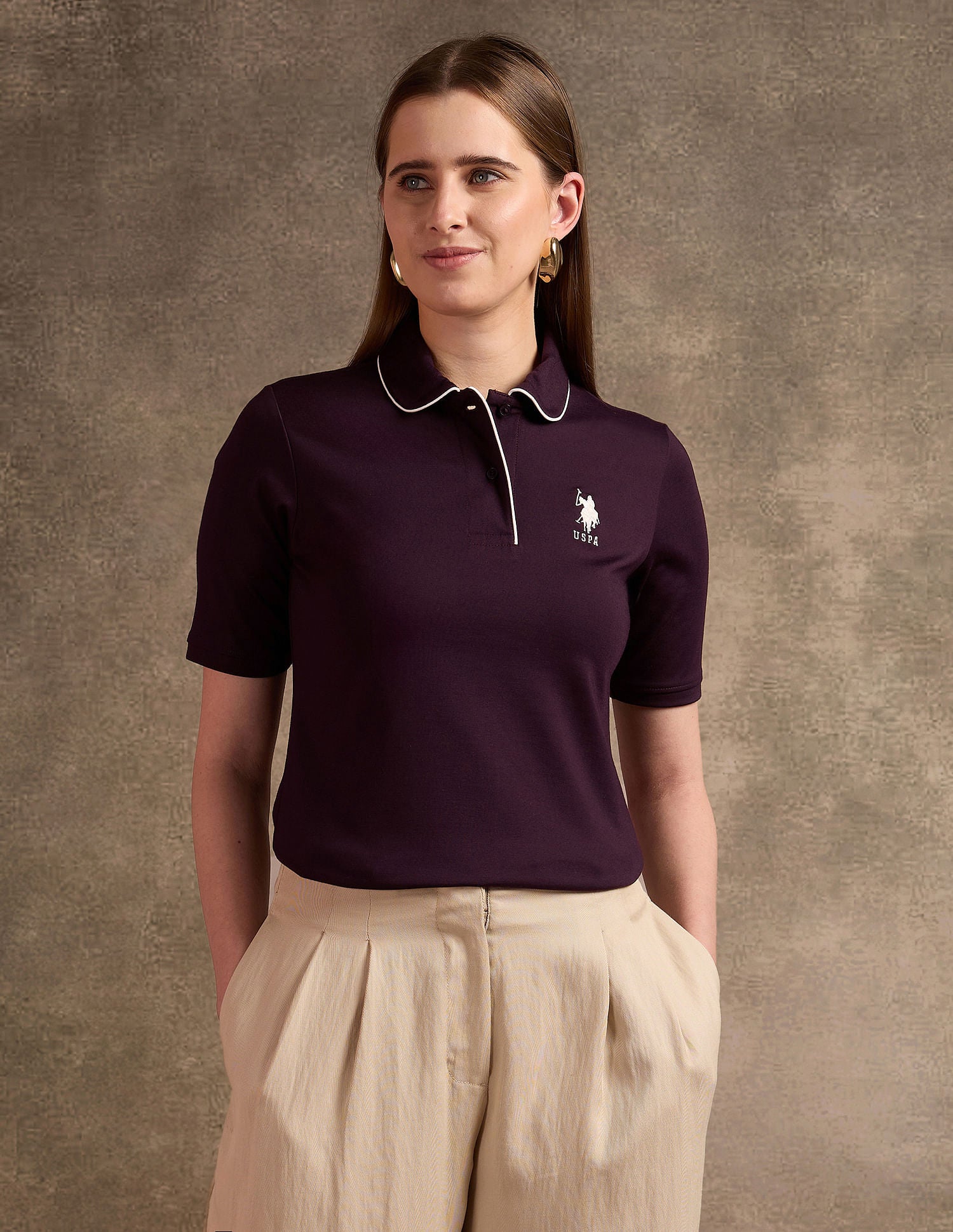Peplum Collar Solid Polo Shirt Wine - U.S. Polo Assn. India | Large