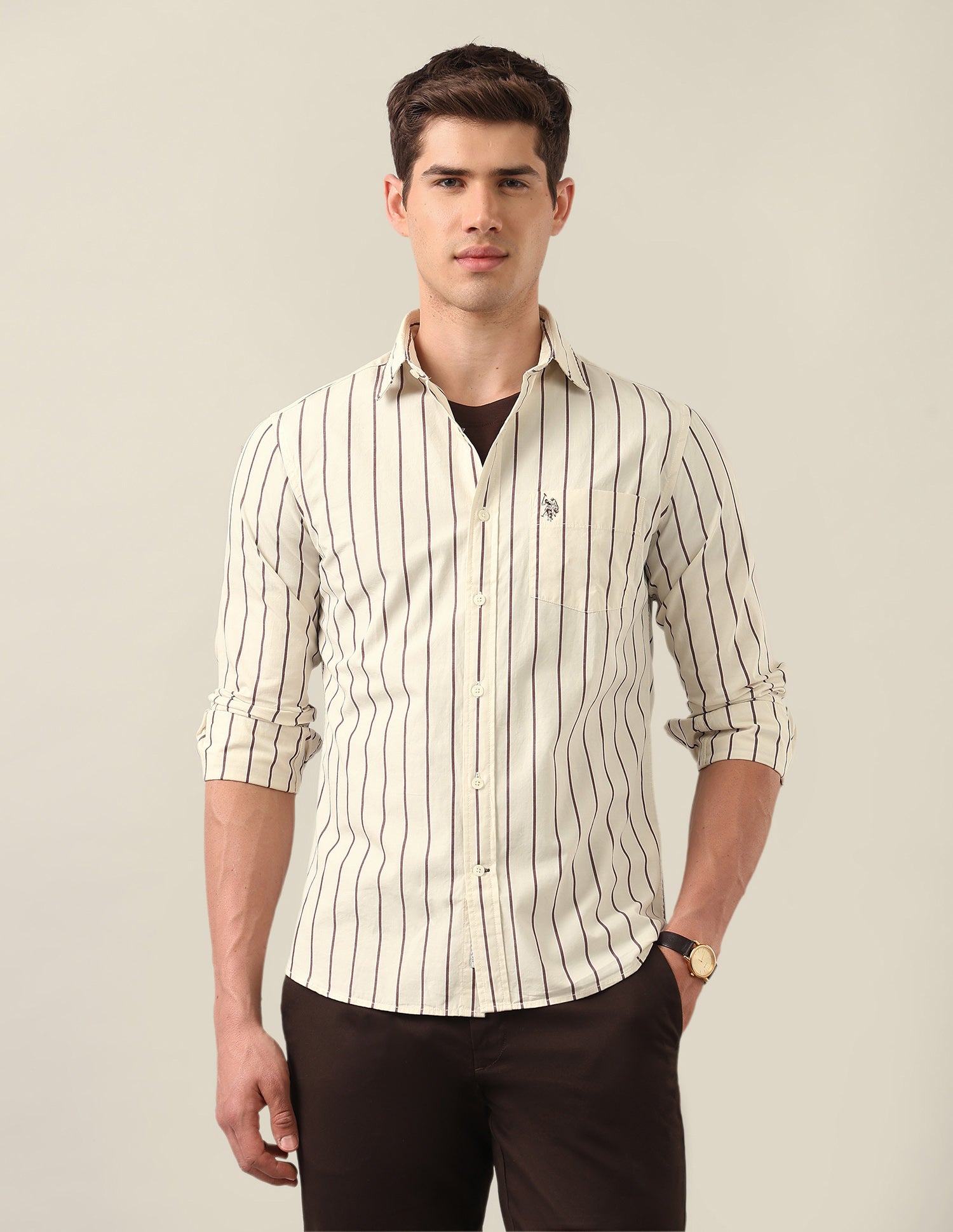 Tailored Fit Vertical Striped Shirt Light Khaki - U.S. Polo Assn. India | Large