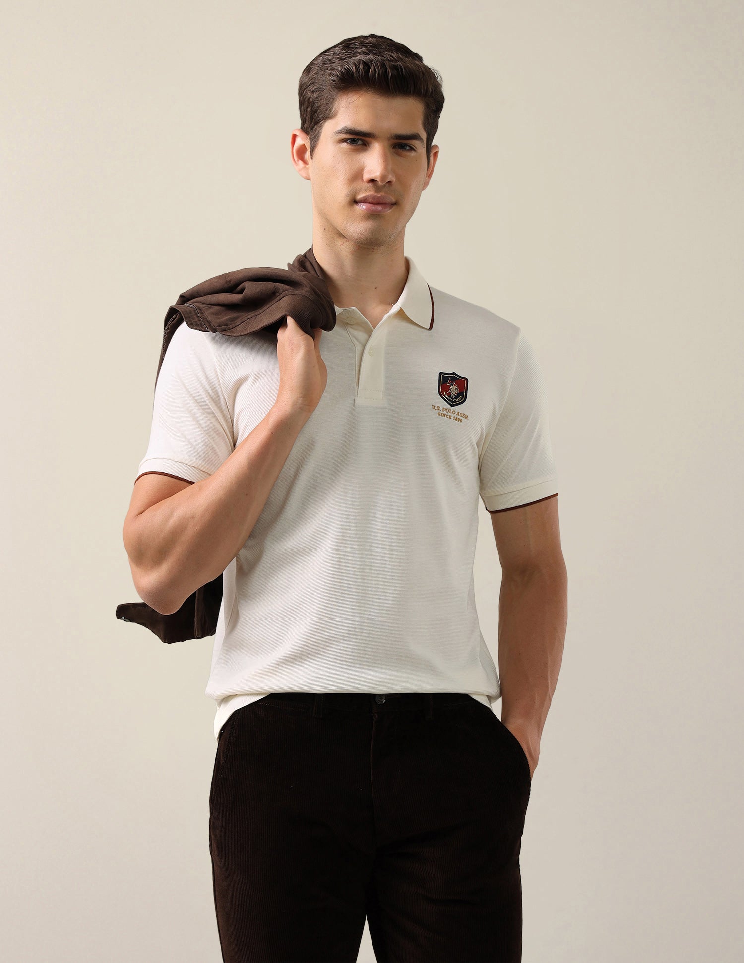 Solid Slim Fit Polo Shirt Off White - U.S. Polo Assn. India | Large