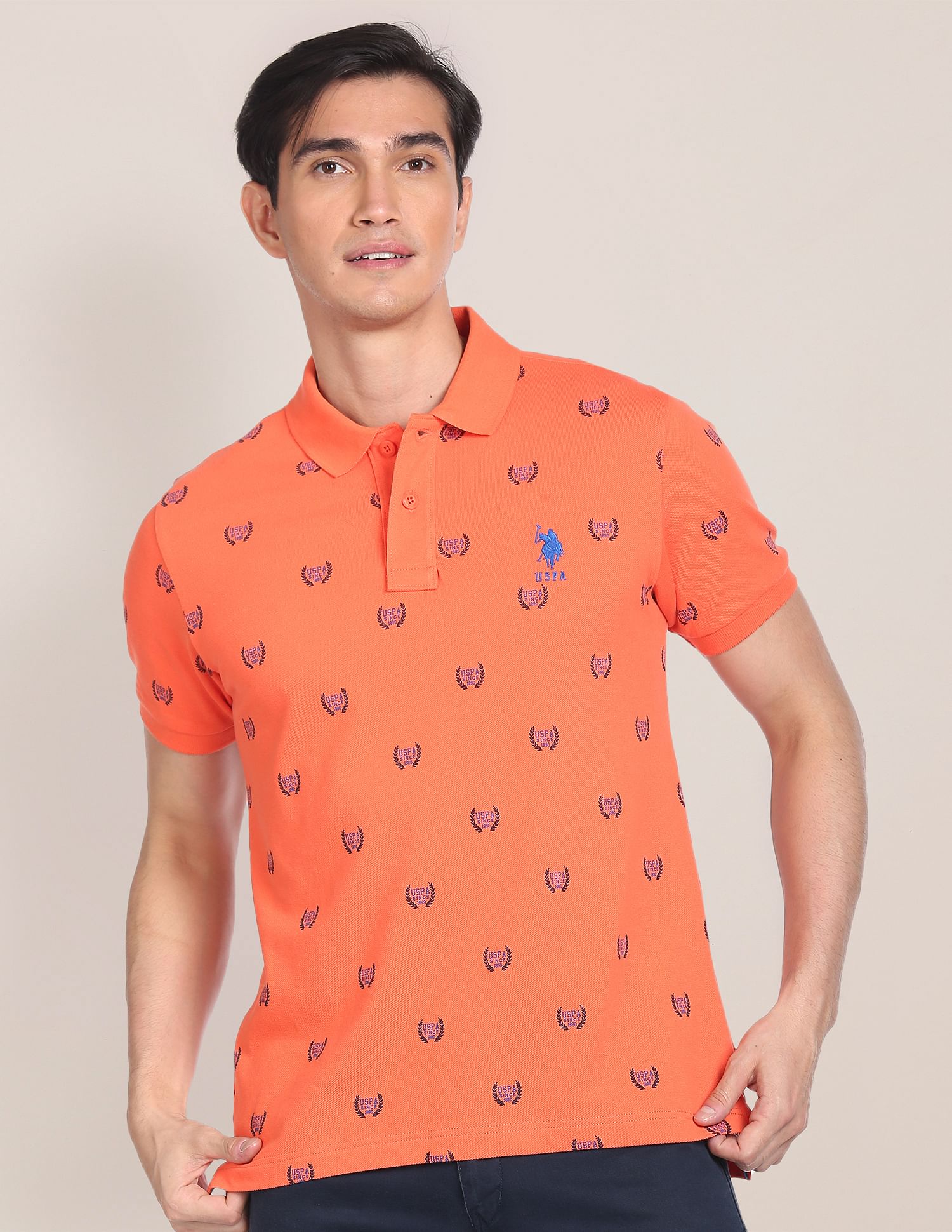 All Over Branding Cotton Polo Shirt Orange - U.S. Polo Assn. India | Large