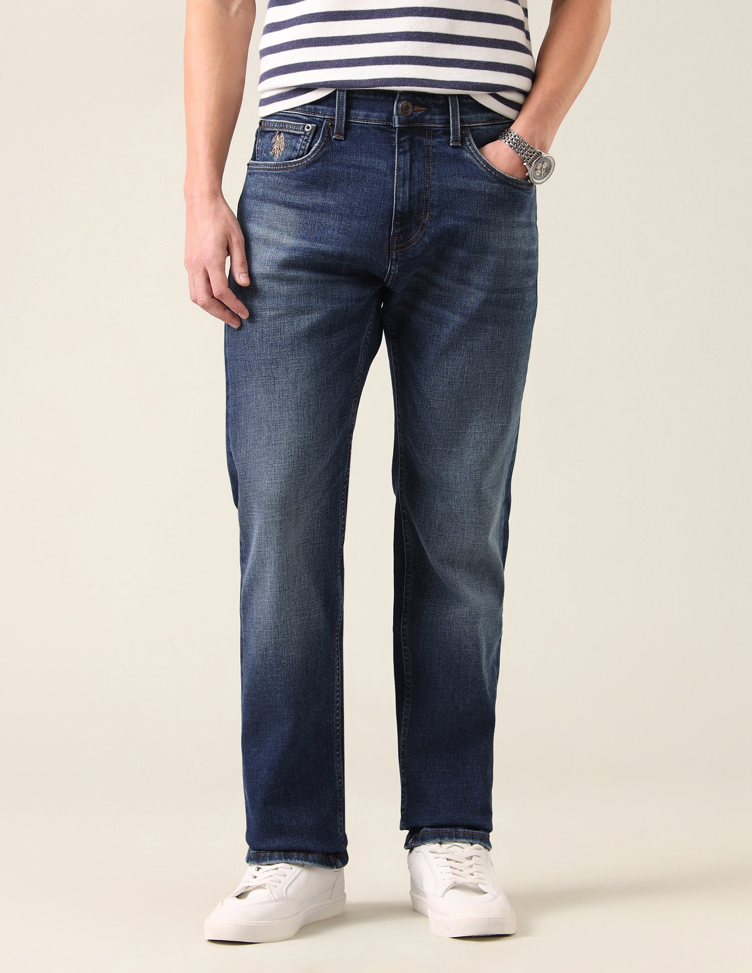 Mason Regular Straight Fit Whiskered Jeans Mid Blue - U.S. Polo Assn. India | Large