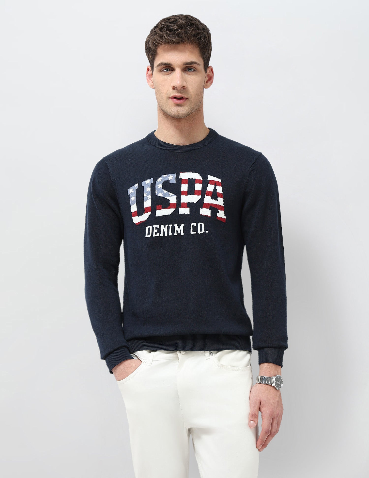 Brand Patterned Knit Regular Fit Sweater