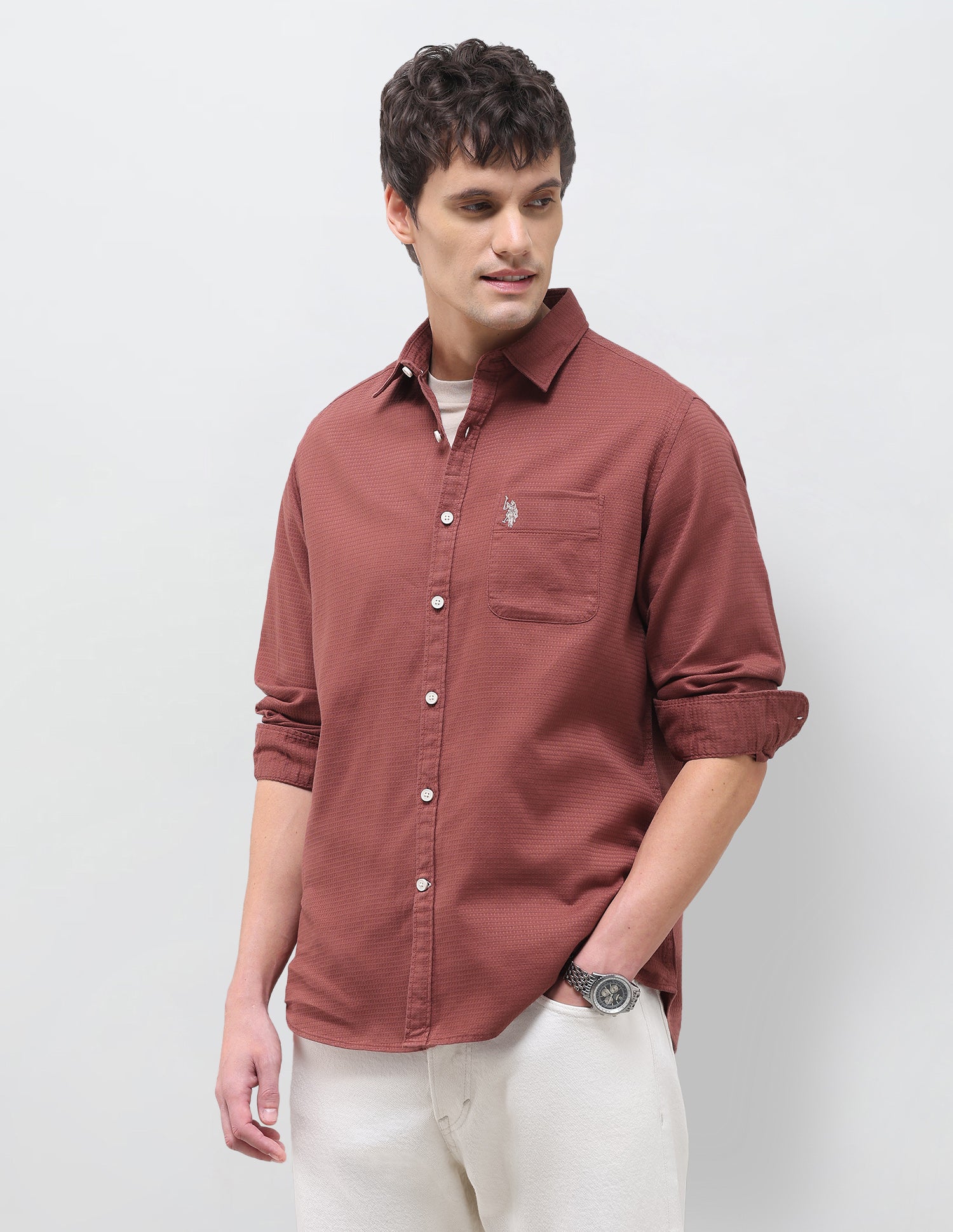 Textured Regular Fit Shirt Rust - U.S. Polo Assn. India | Large
