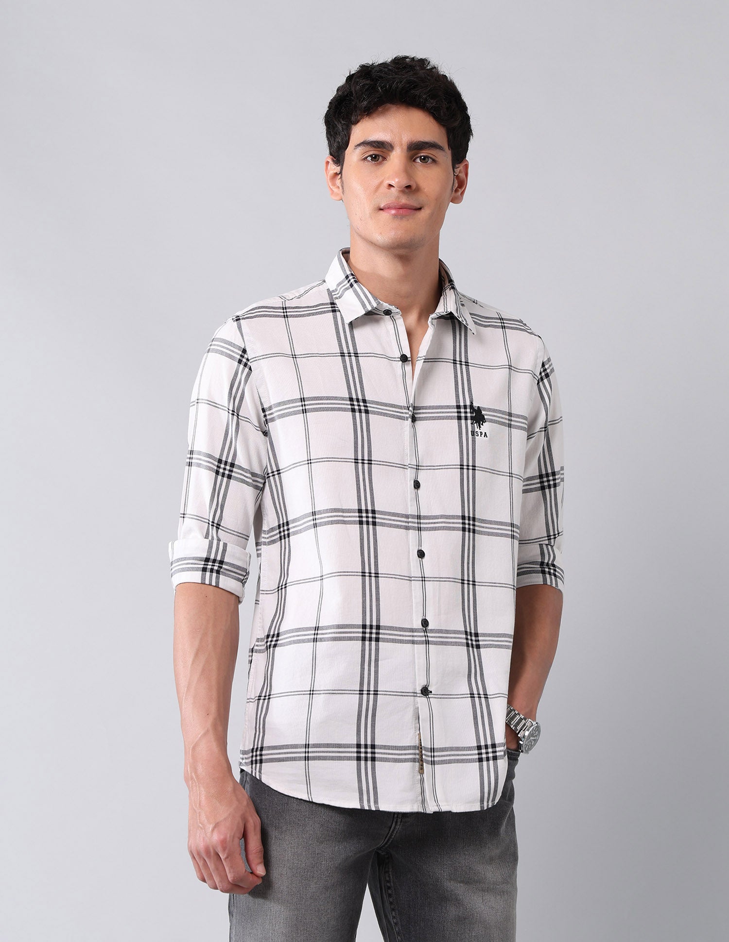 Grid Tattersall Checked Pure Cotton Shirt White - U.S. POLO ASSN. | Large