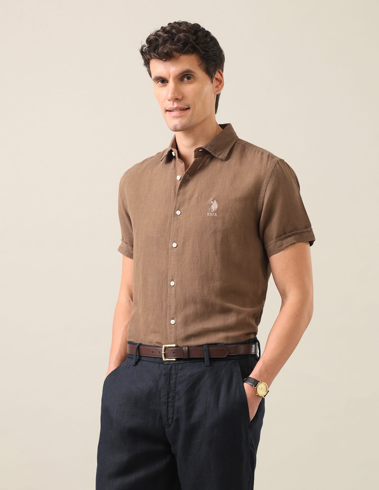 Solid Regular Fit Shirt Khaki - U.S. Polo Assn. India | Large