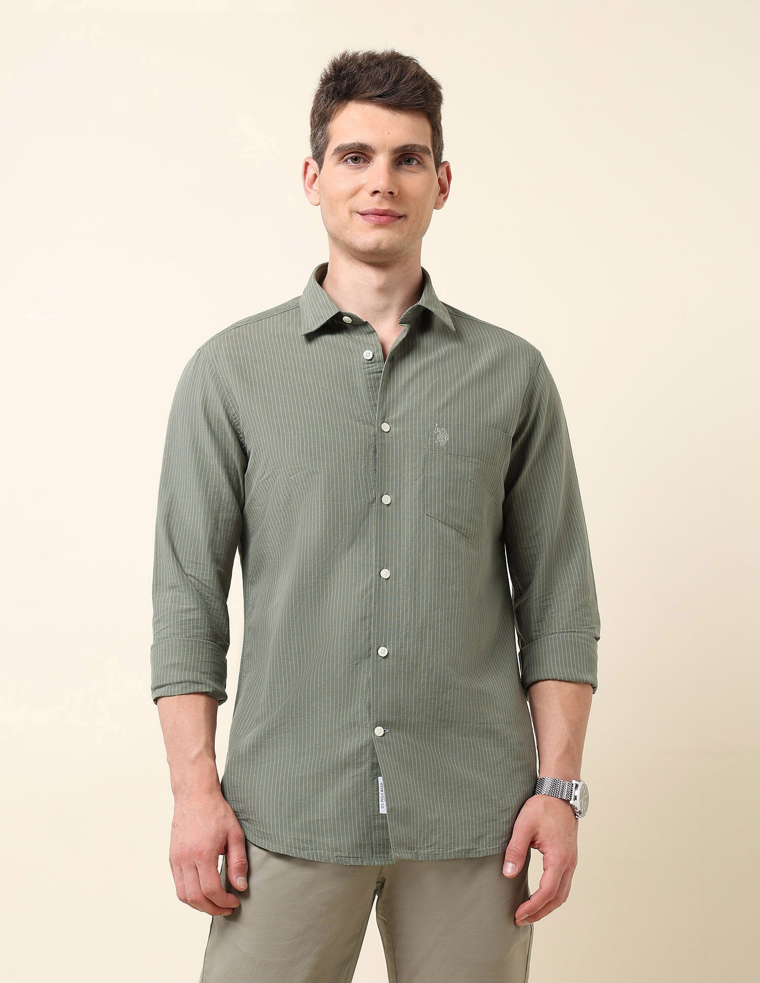 Pinstriped Tailored Fit Shirt Light Green - U.S. Polo Assn. India | Large