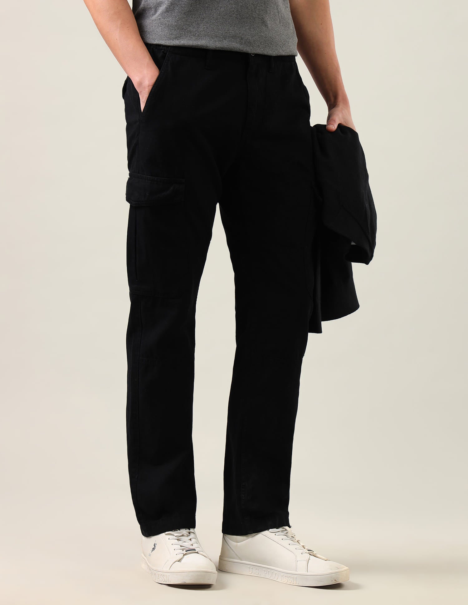 Harold Slim Straight Fit Mid Rise Cargos Black - U.S. Polo Assn. India | Large