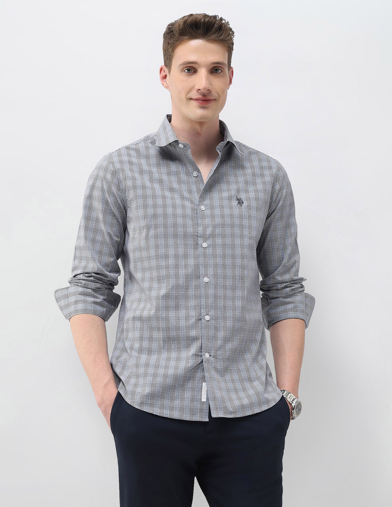 Glen Checked Tailored Fit Shirt Navy - U.S. Polo Assn. India | Large