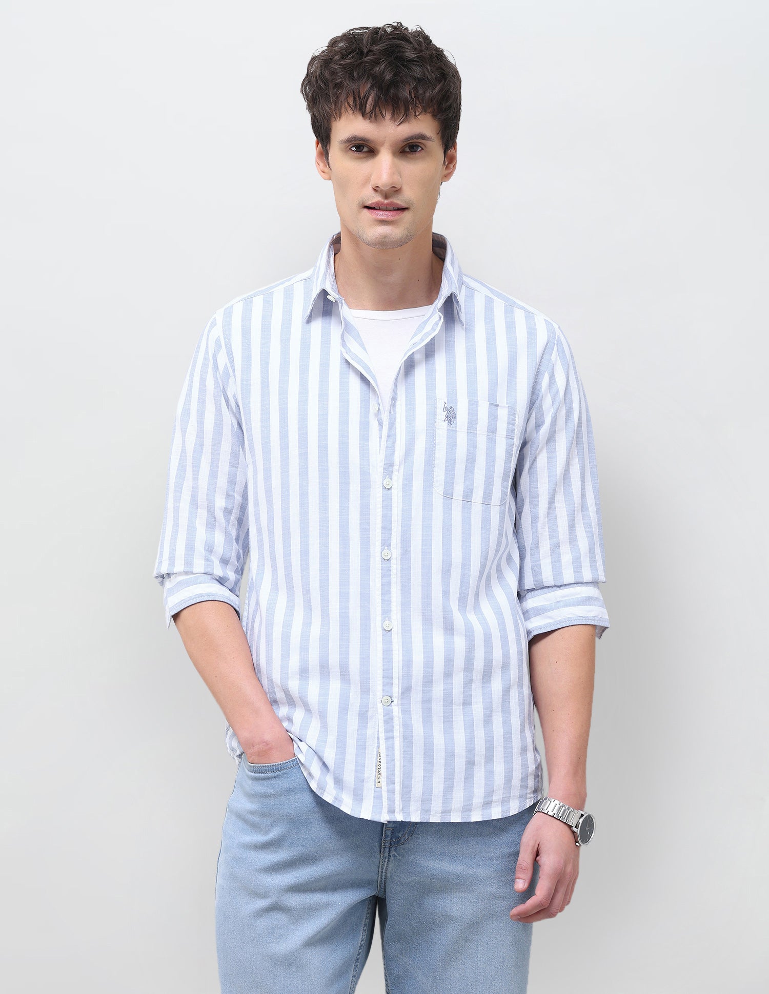 Vertical Striped Regular Fit Shirt Light Blue - U.S. Polo Assn. India | Large