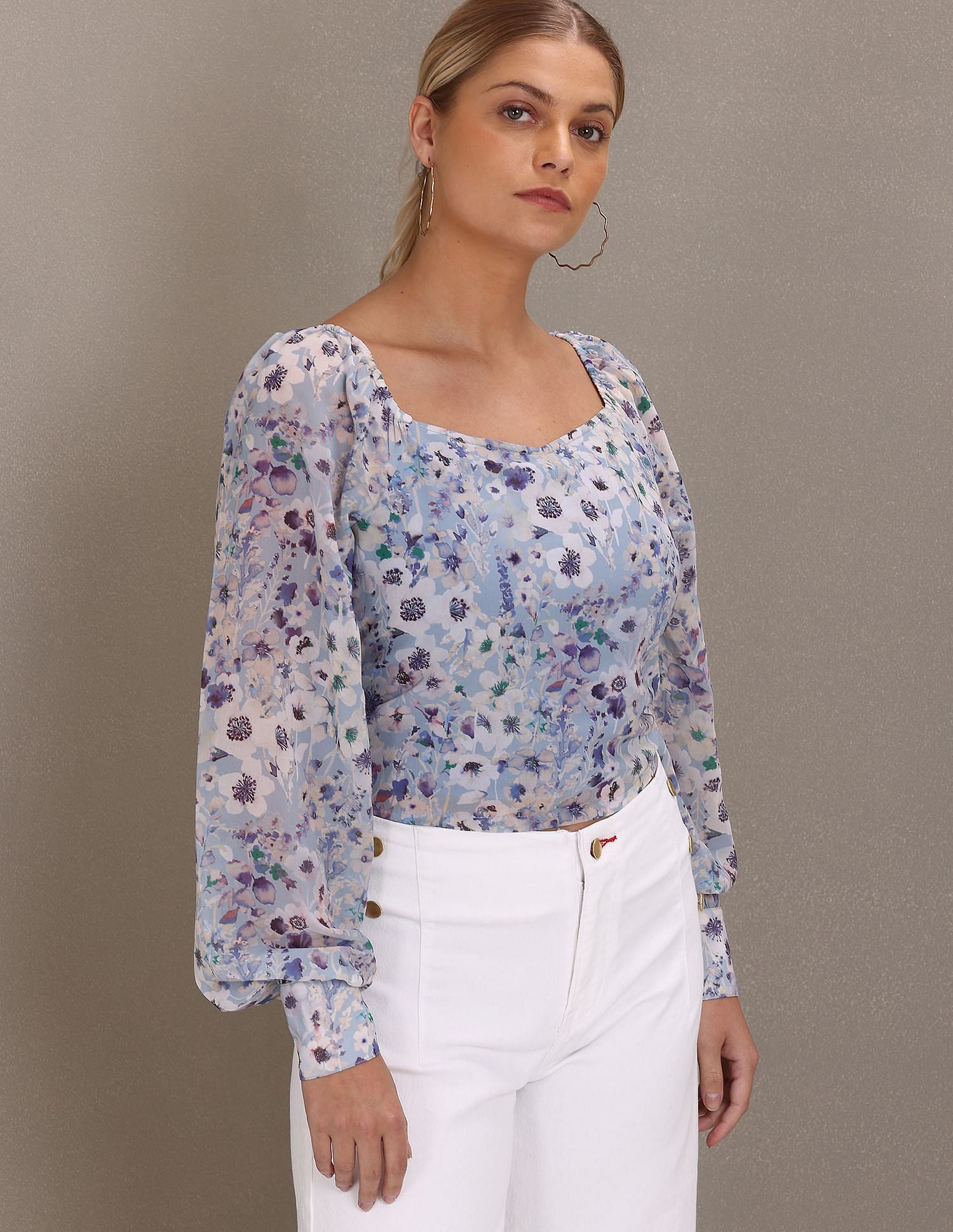Square Neck Floral Print Woven Top Blue - U.S. Polo Assn. India | Large