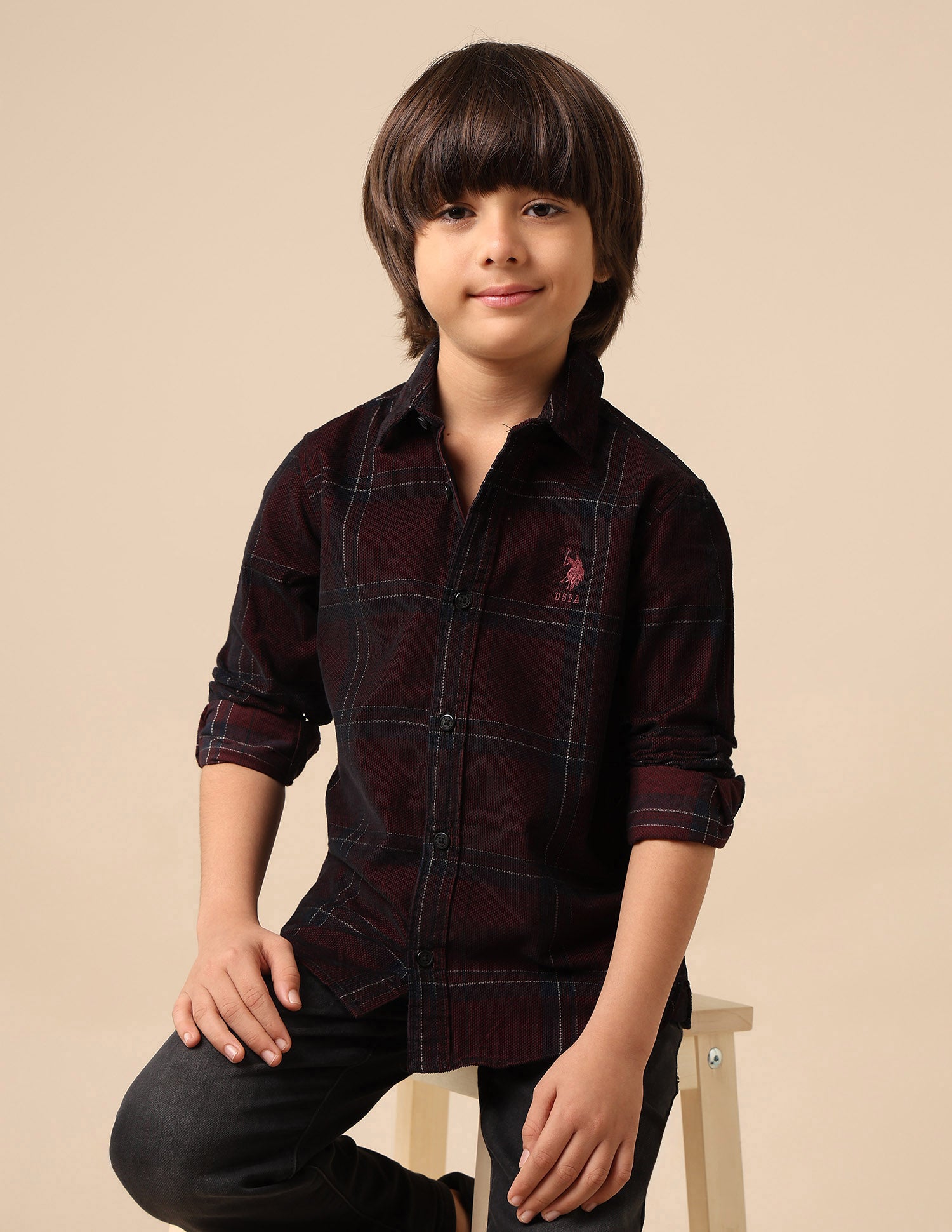 Boys Grid Tattersall Checked Corduroy Shirt