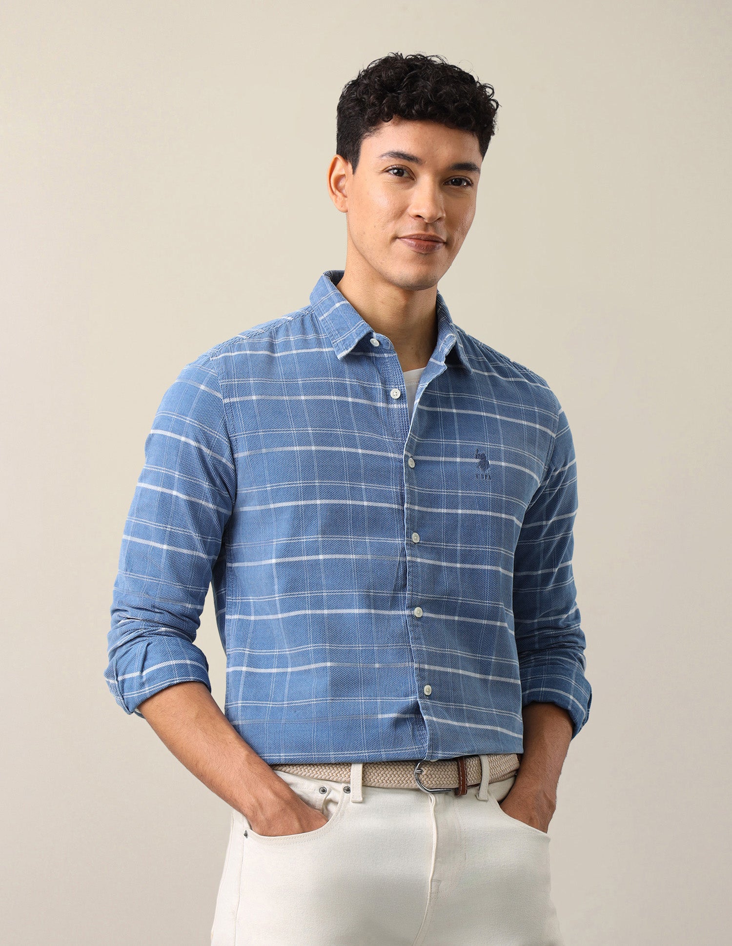 Corduroy Grid Tattersall Checked Shirt Light Indigo - U.S. Polo Assn. India | Large