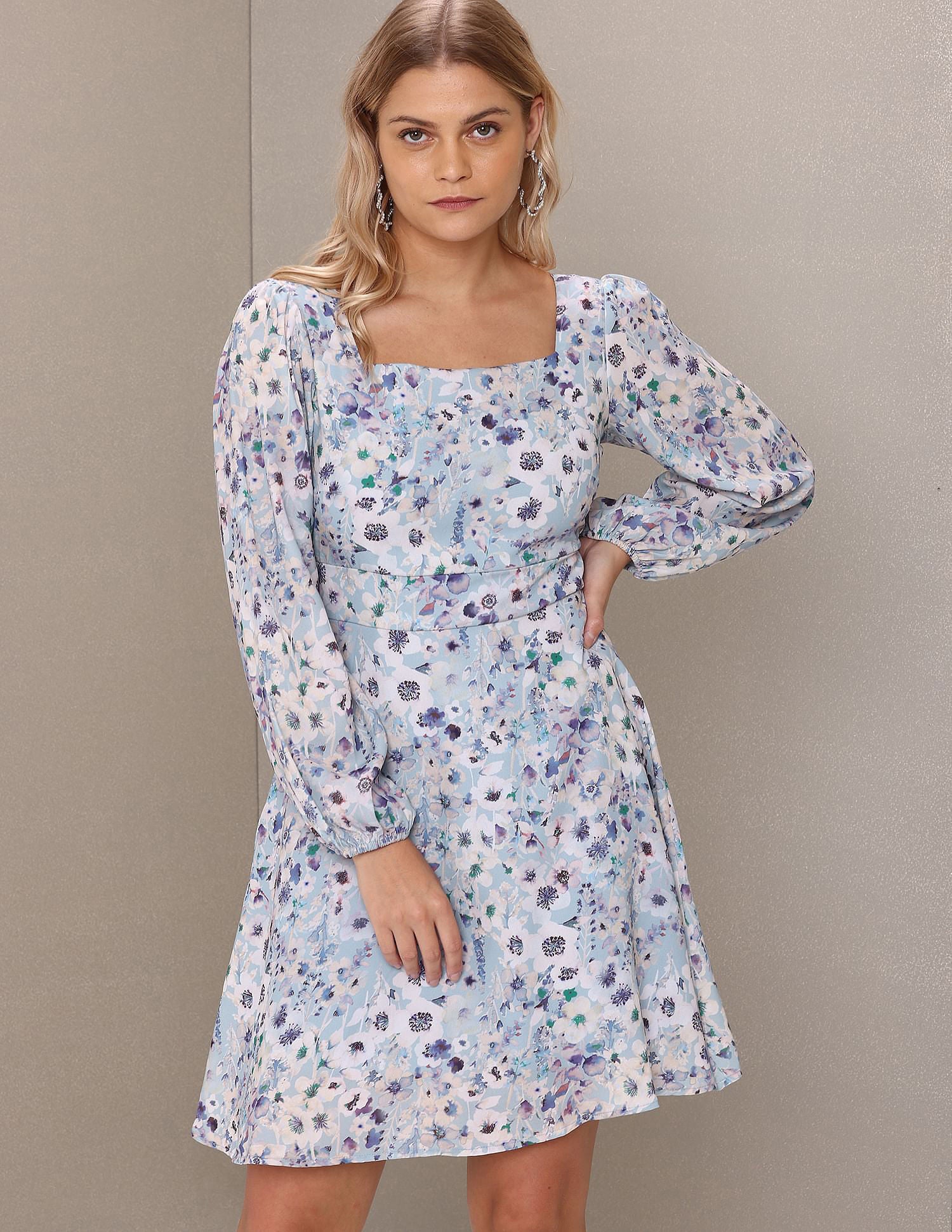 Square Neck Floral Print Fit And Flare Dress Blue - U.S. Polo Assn. India | Large