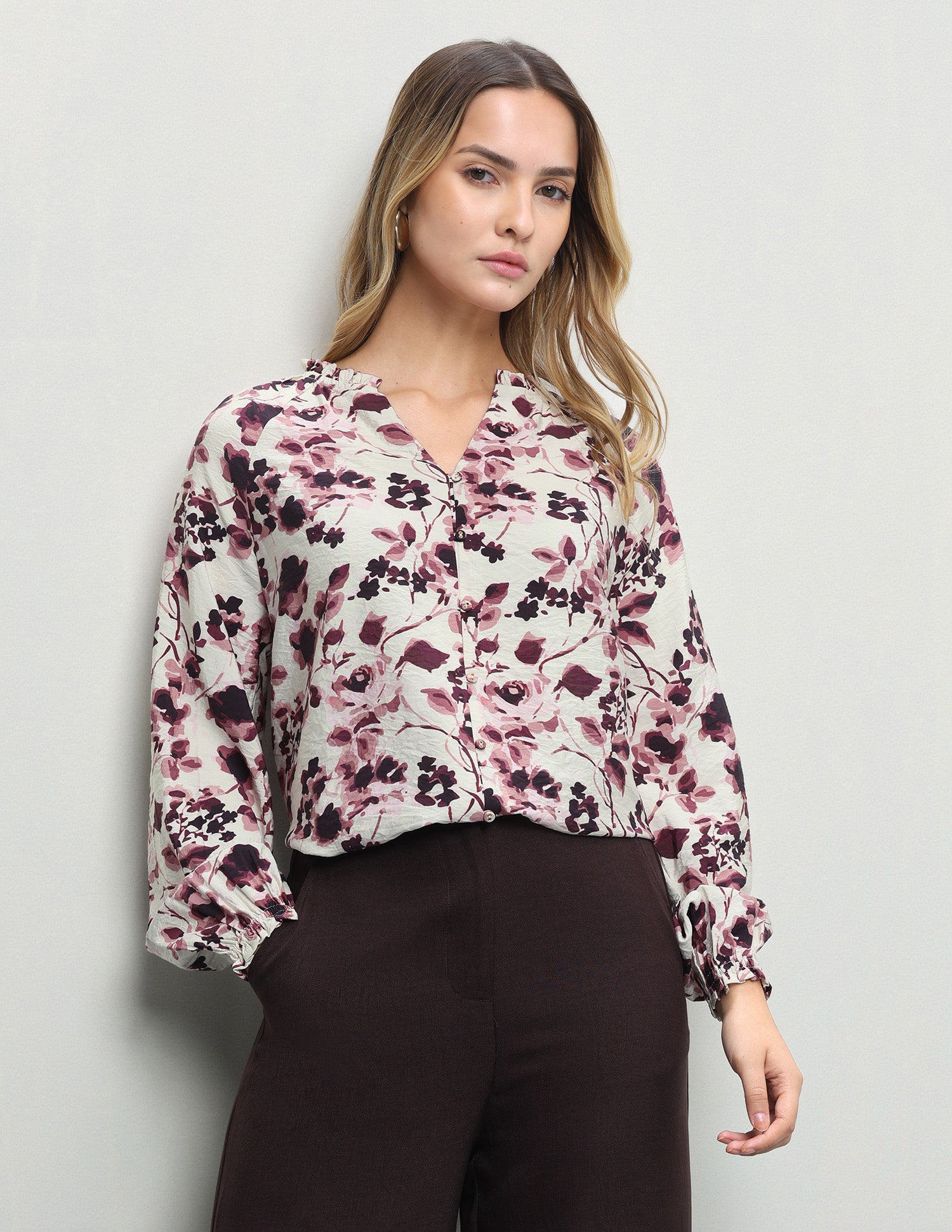 Abstract Floral Printed Button Down Top Maroon - U.S. Polo Assn. India | Large
