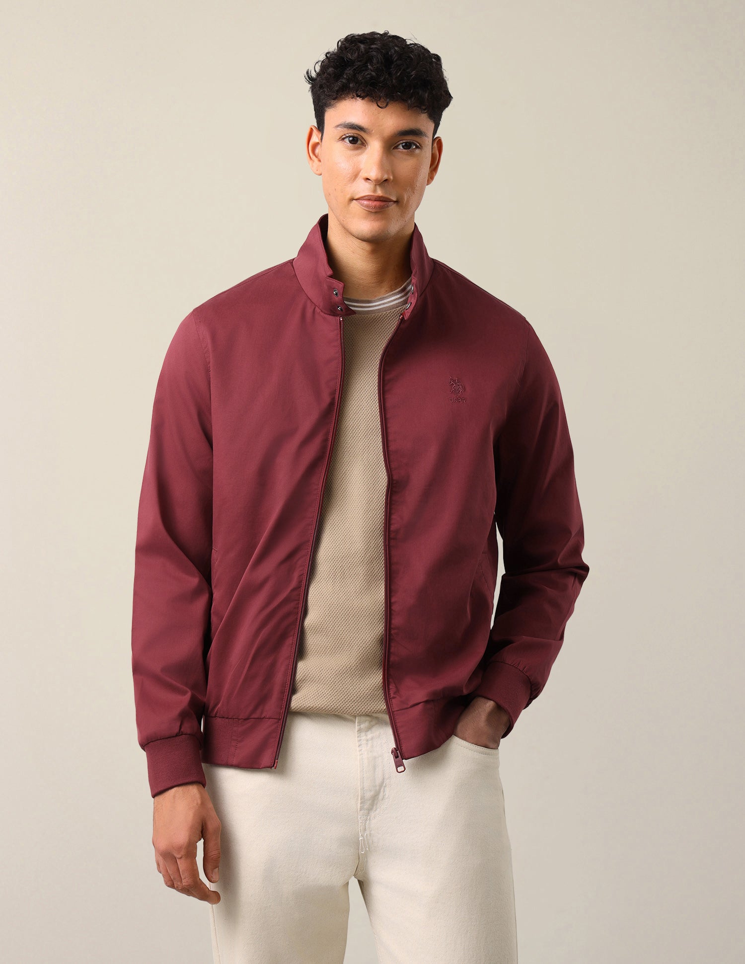 Solid Regular Fit Bomber Jacket Red - U.S. Polo Assn. India | Large