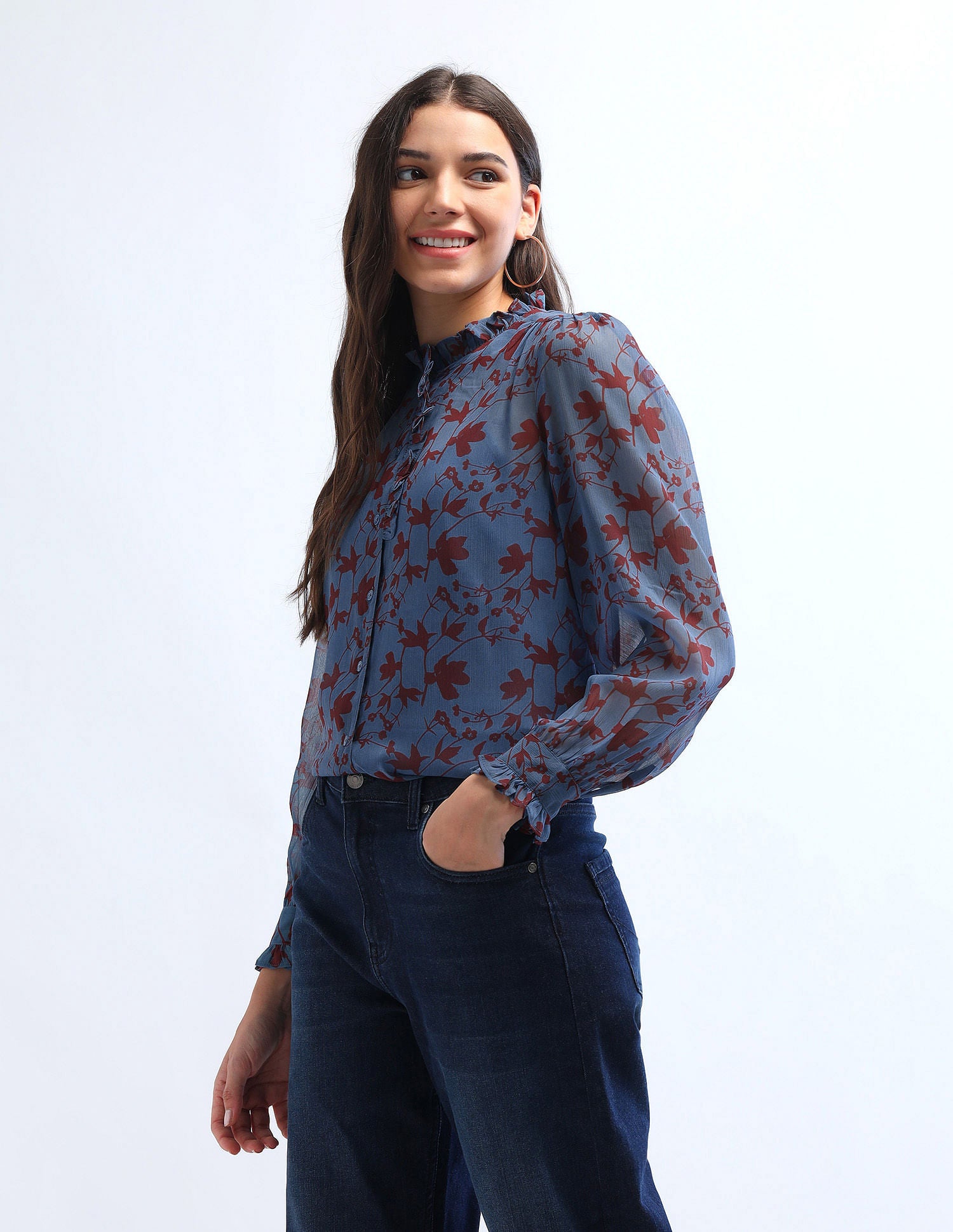 Ruffled Button Down Top Multicolor - U.S. POLO ASSN. | Large