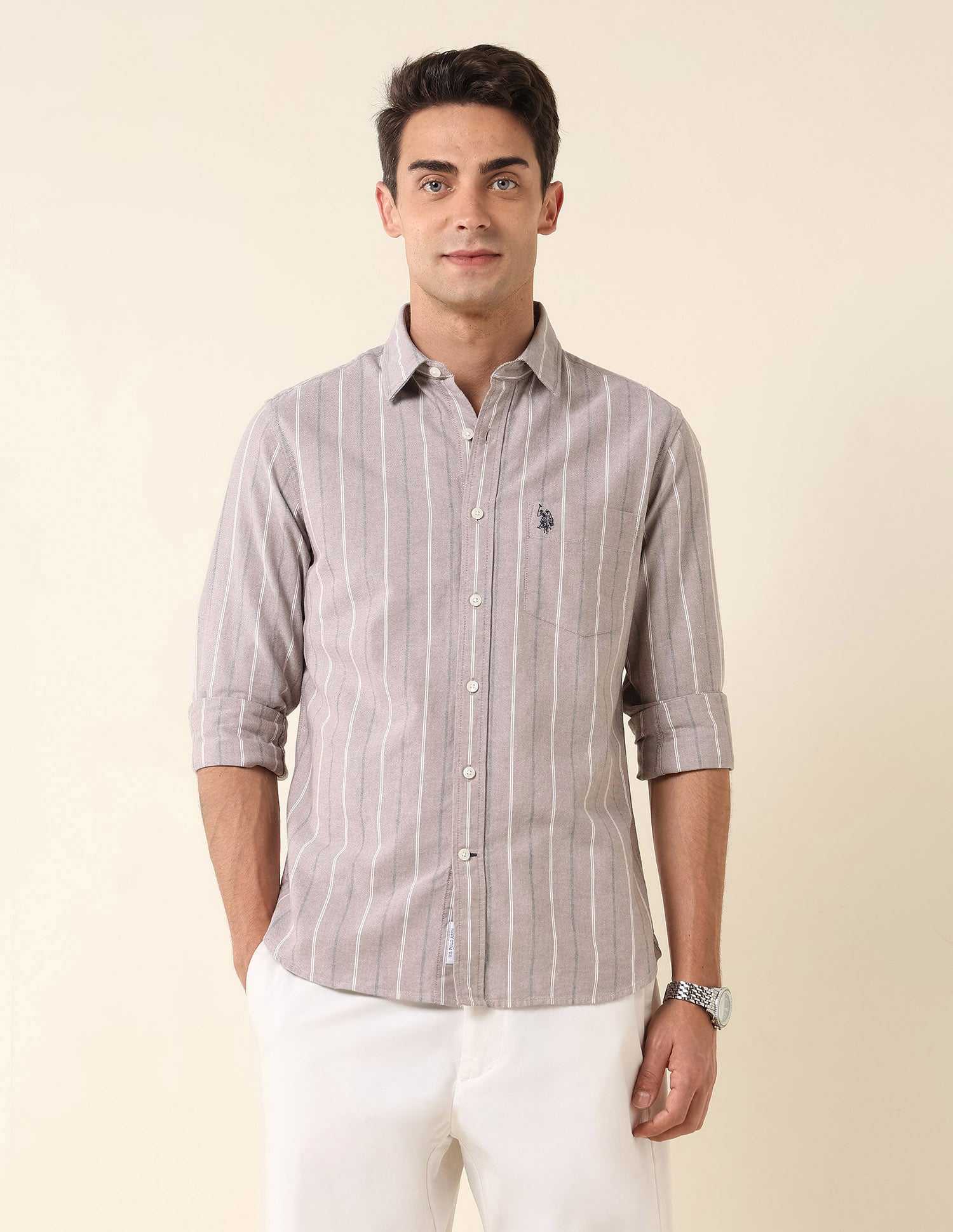Tailored Fit Vertical Striped Shirt Light Brown - U.S. Polo Assn. India | Large