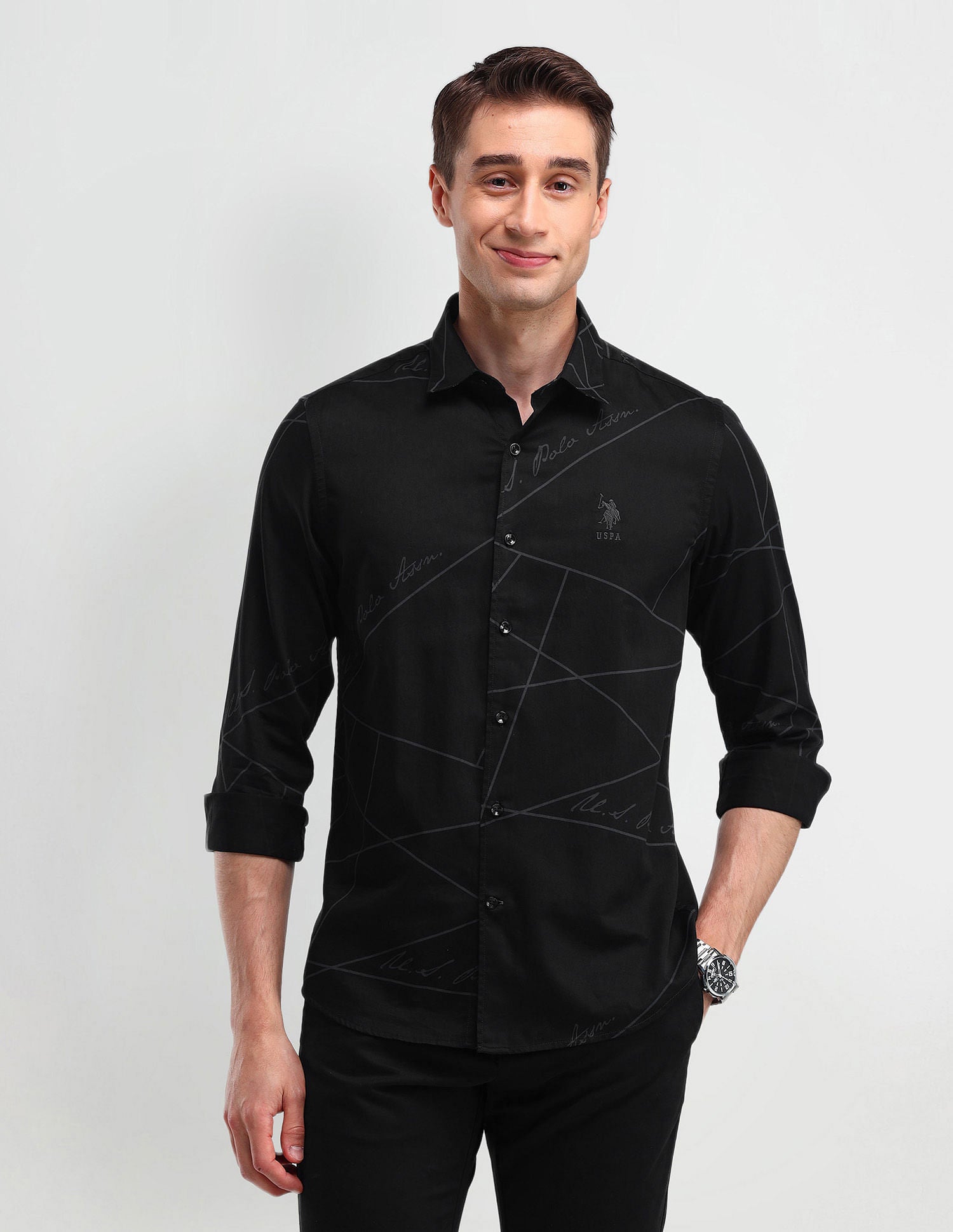 Slim Fit Typography Shirt Black - U.S. Polo Assn. India | Large