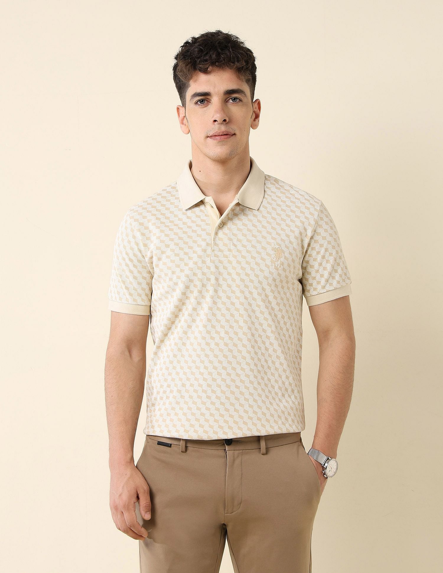 All-Over Printed Slim Fit Polo Shirt Beige - U.S. Polo Assn. India | Large