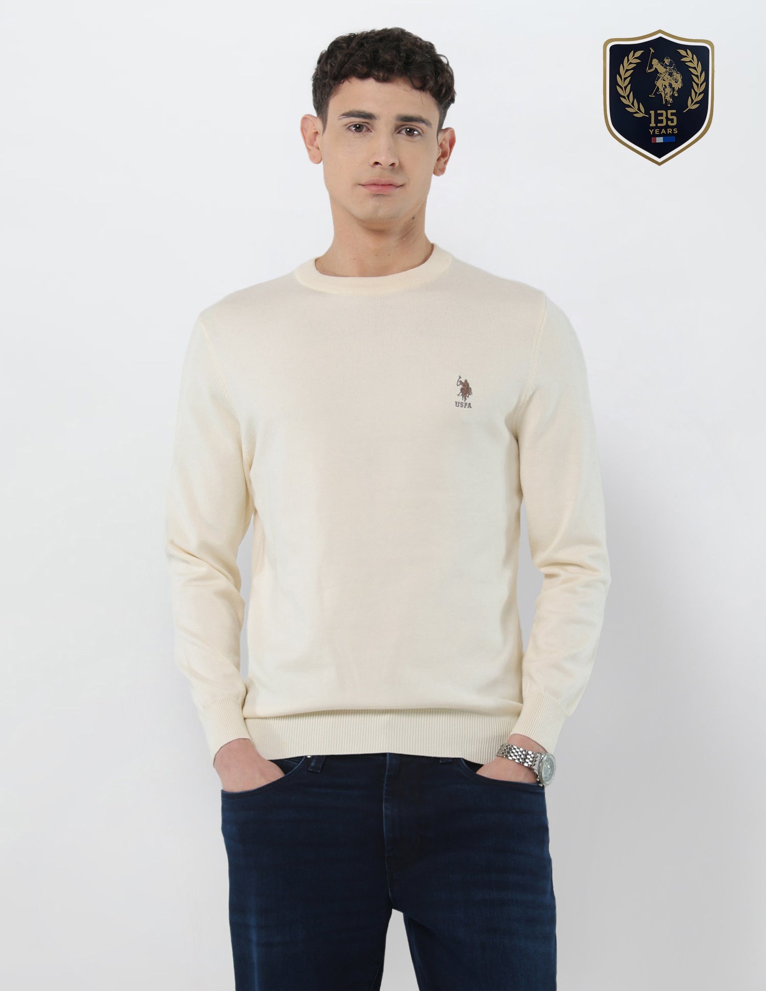 Solid Regular Fit Sweater Off White - U.S. Polo Assn. India | Large