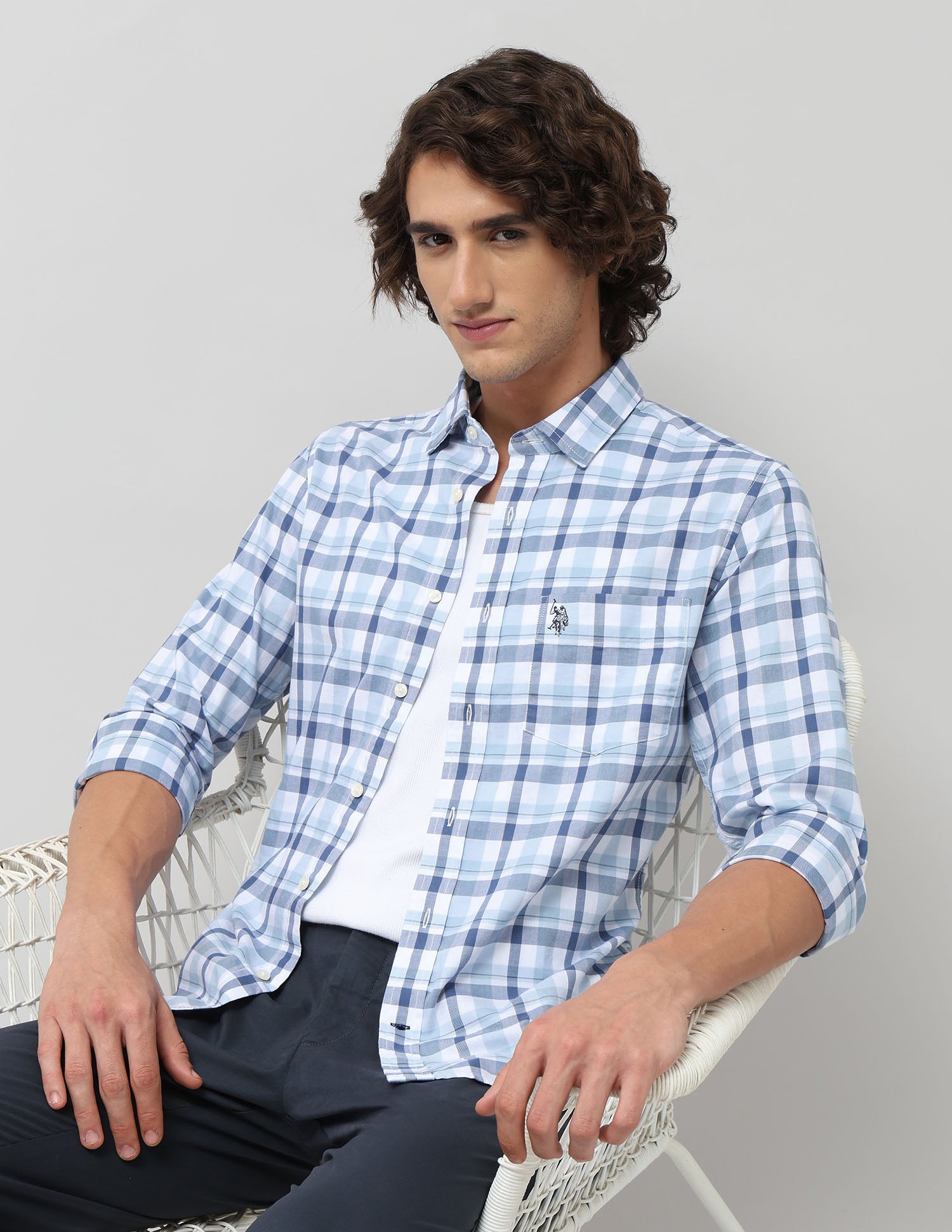 Grid Tattersall Checked Tailored Fit Shirt Dark Blue - U.S. POLO ASSN. | Large